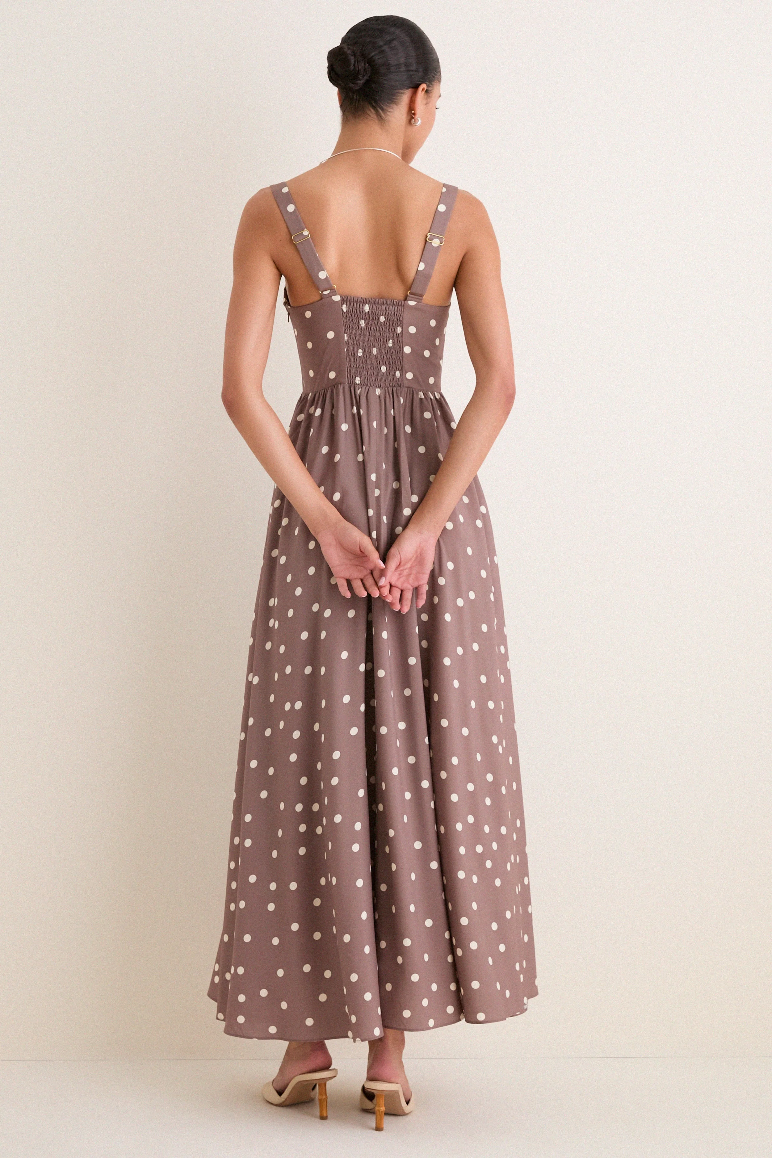 Cardamom and Ecru Polka Dot Rosette Maxi Dress