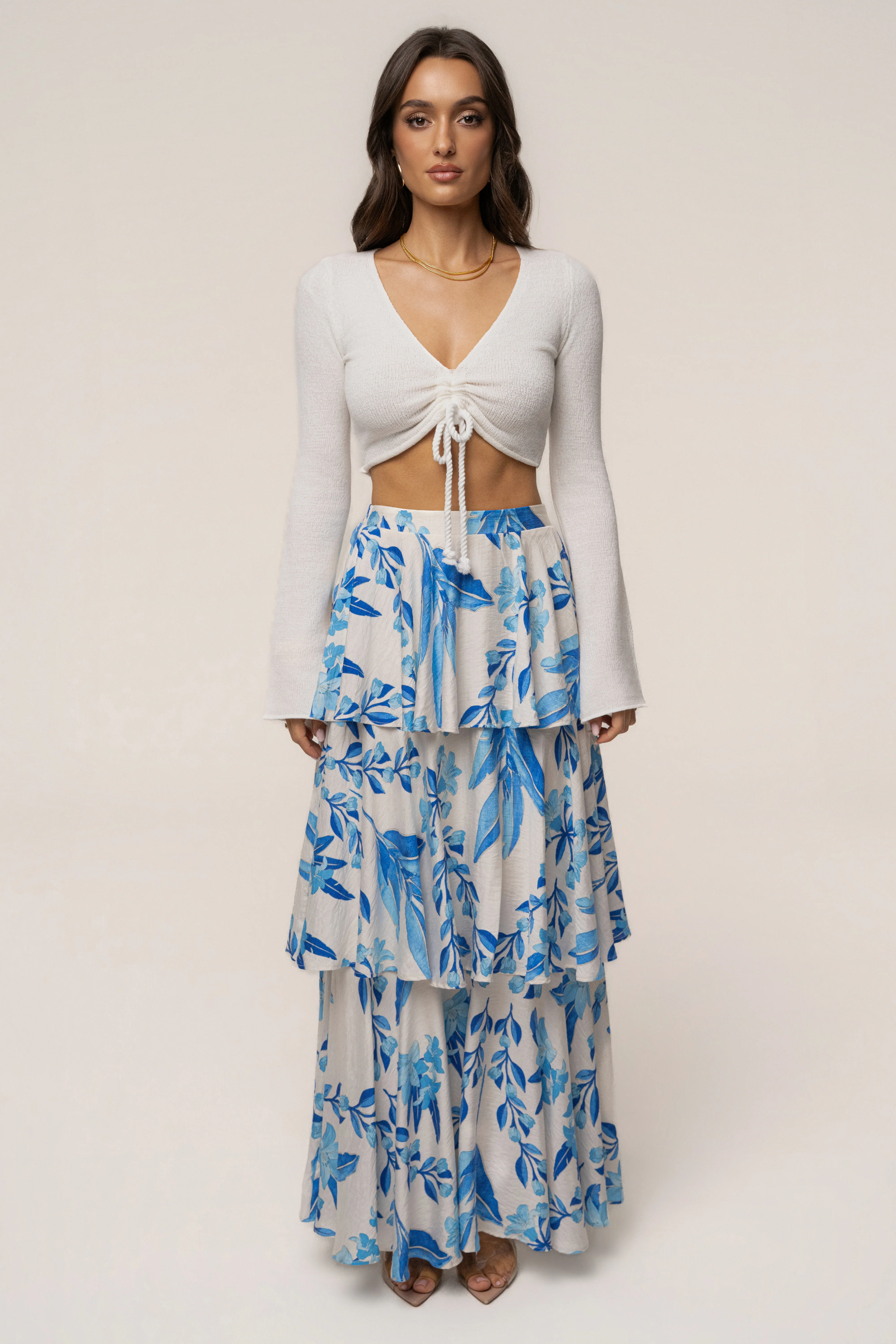 Blue Floral Jasmine Ruffle Maxi Skirt