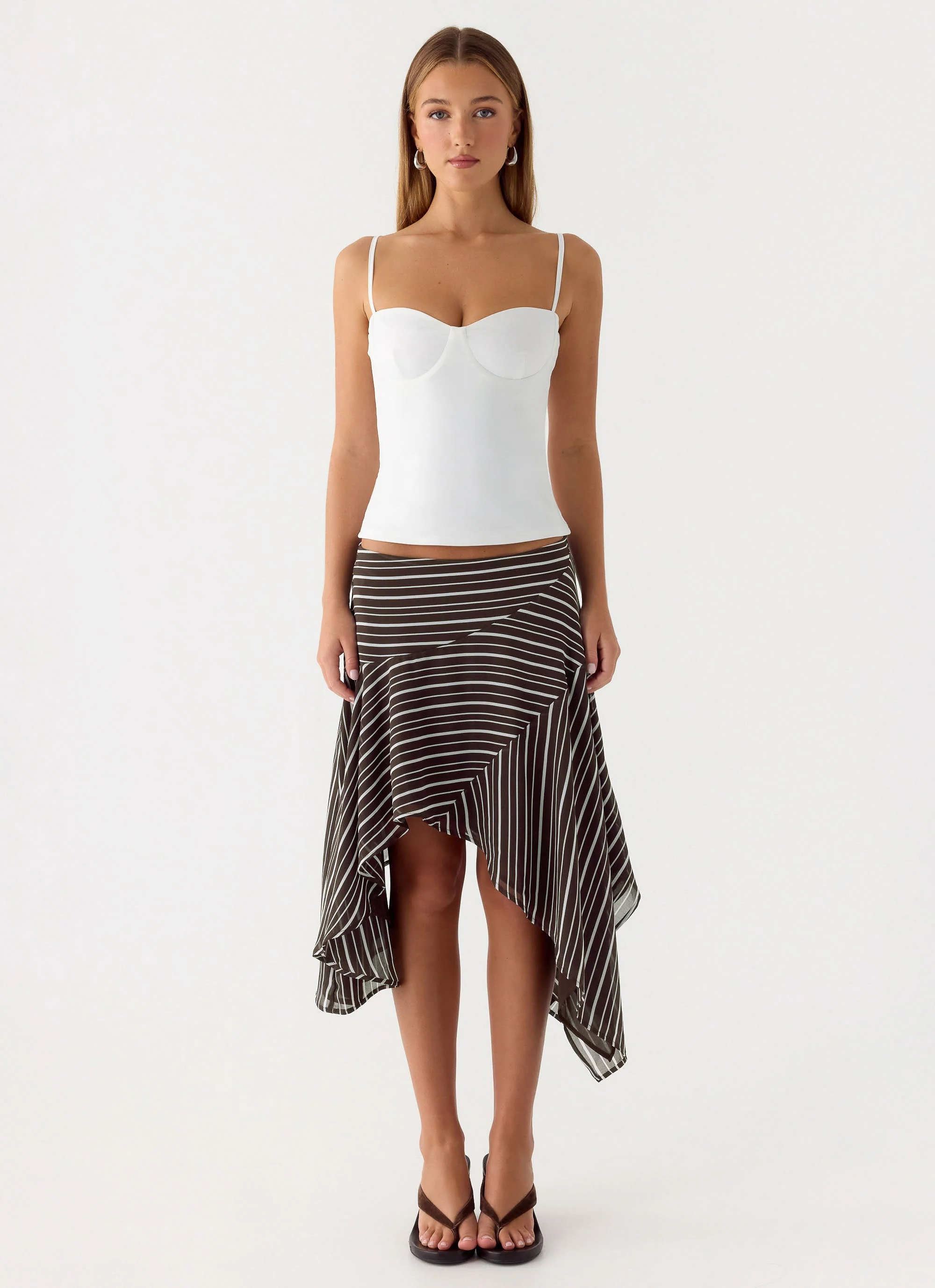 Kia Low Rise Asymmetrical Midi Skirt - Chocolate Stripe