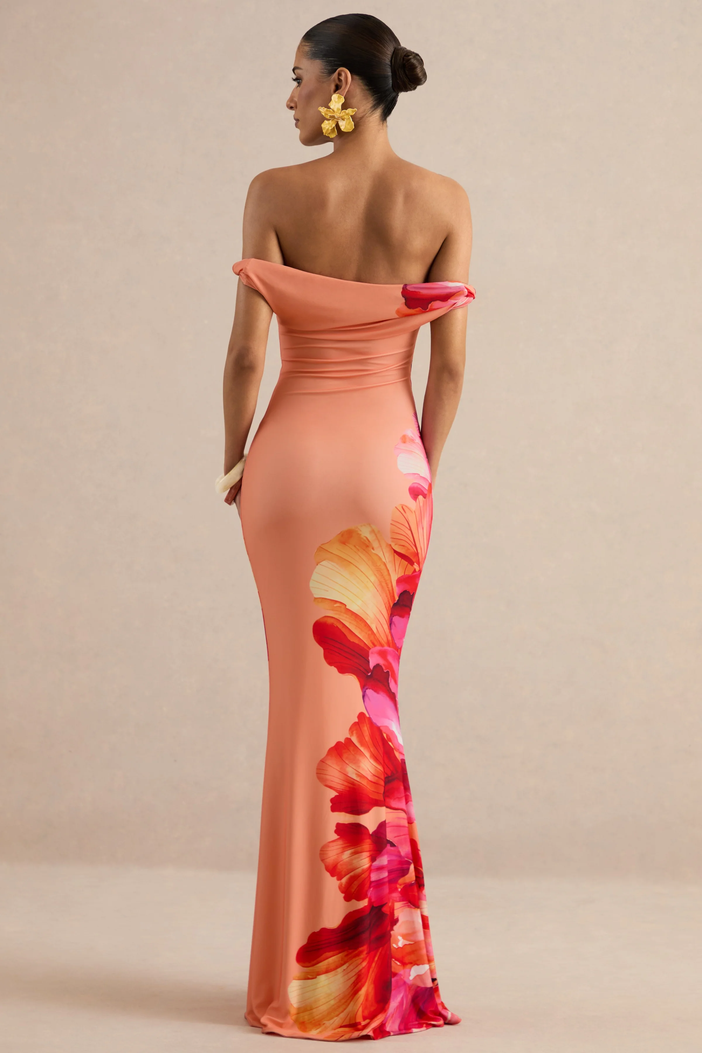 Katia | Hot Pink Placement Floral Print Asymmetric-Neck Maxi Dress