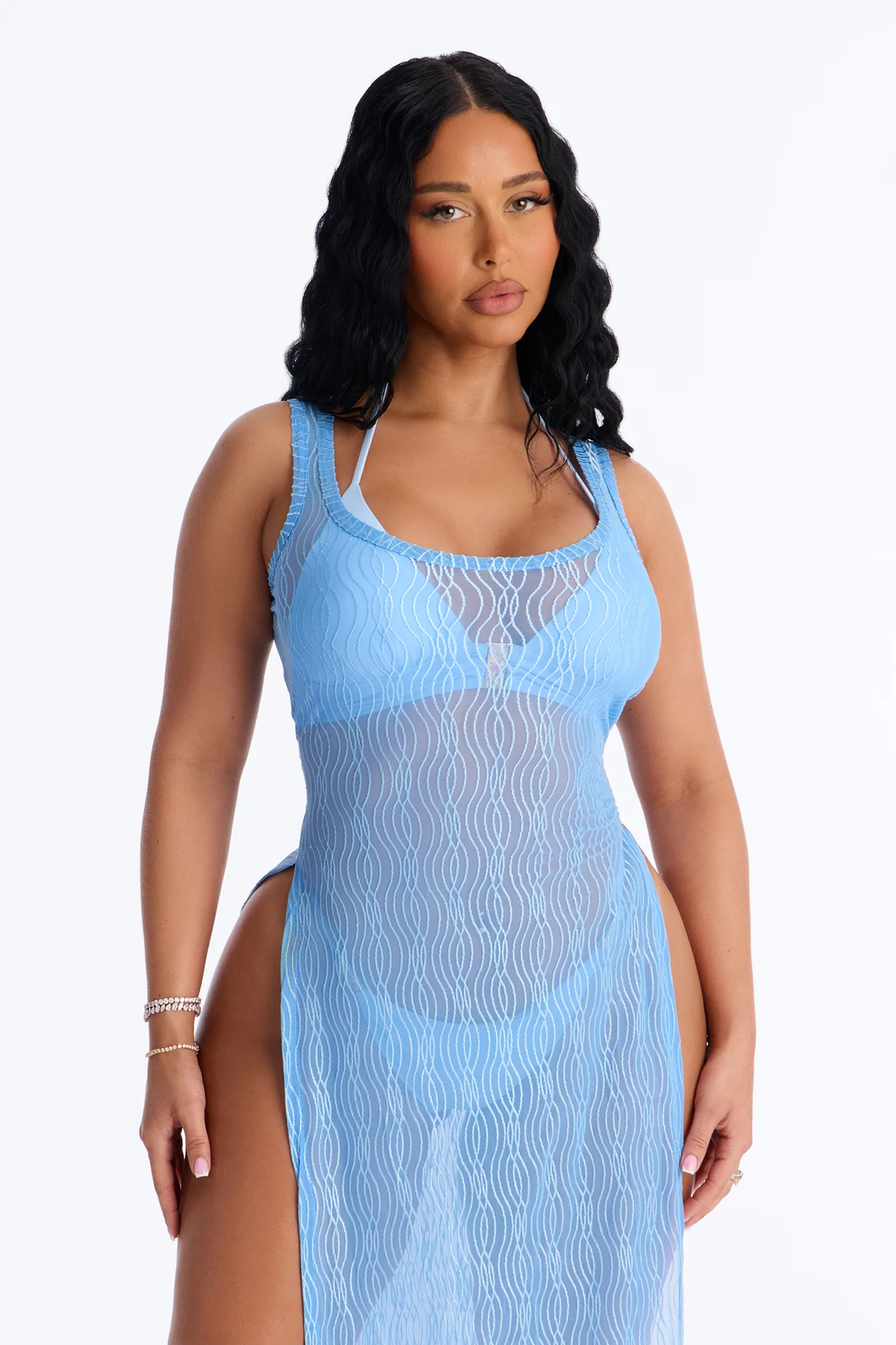 Live In The Moment Mesh Cover Up High Slit Dress - Blue