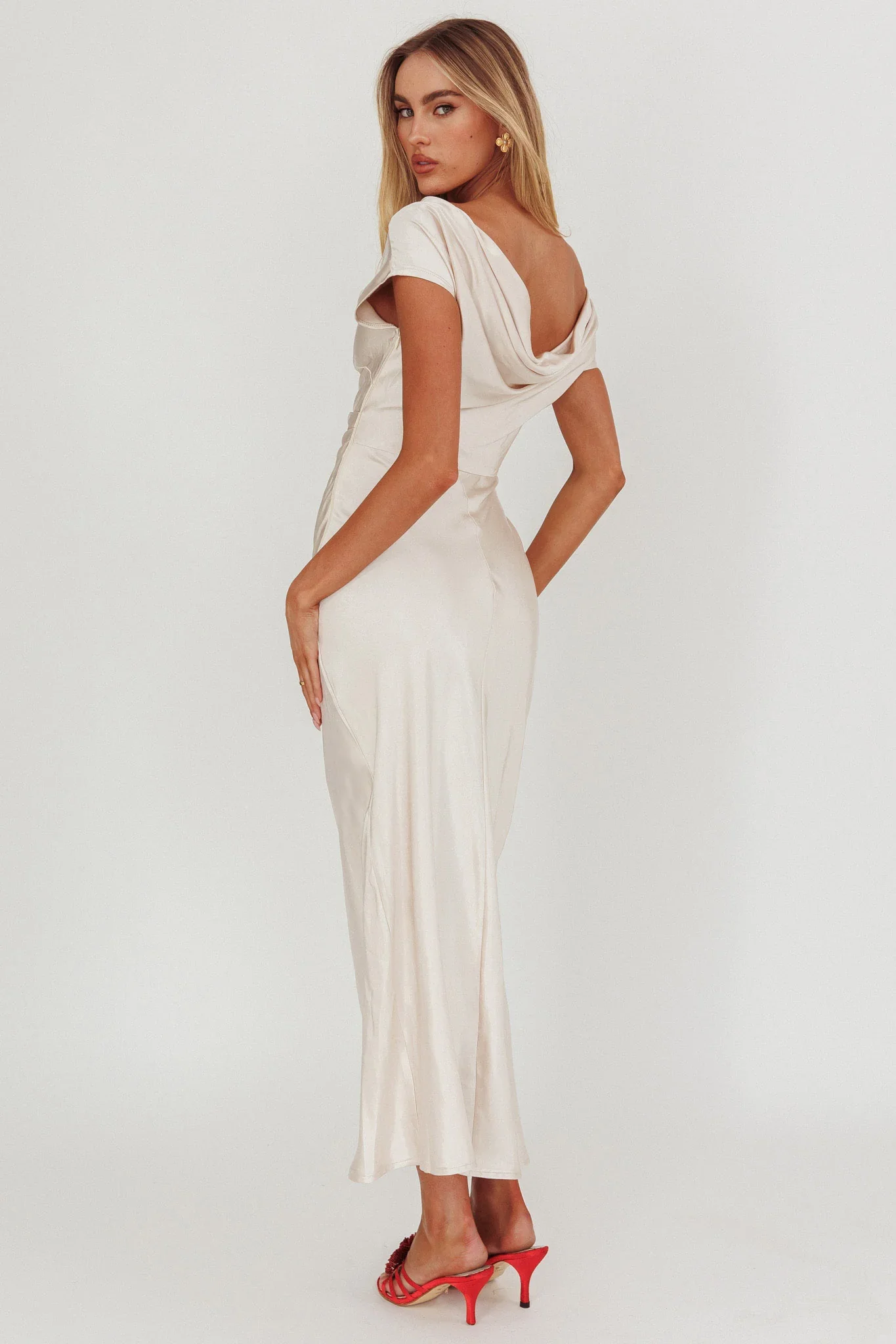 Loveland Cap Sleeve Cowl Back Midi Dress Champagne