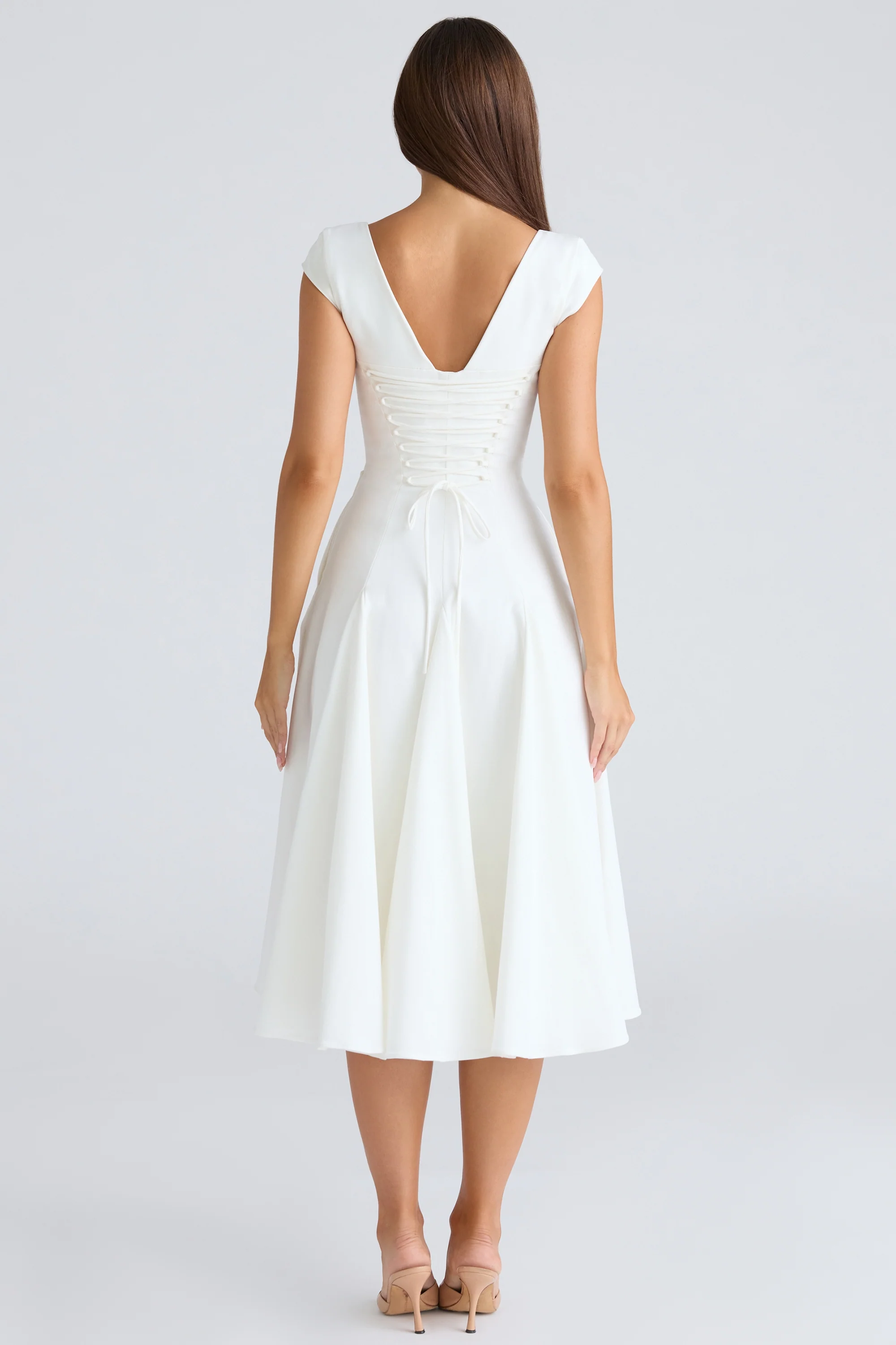 white square neck twill midi dress