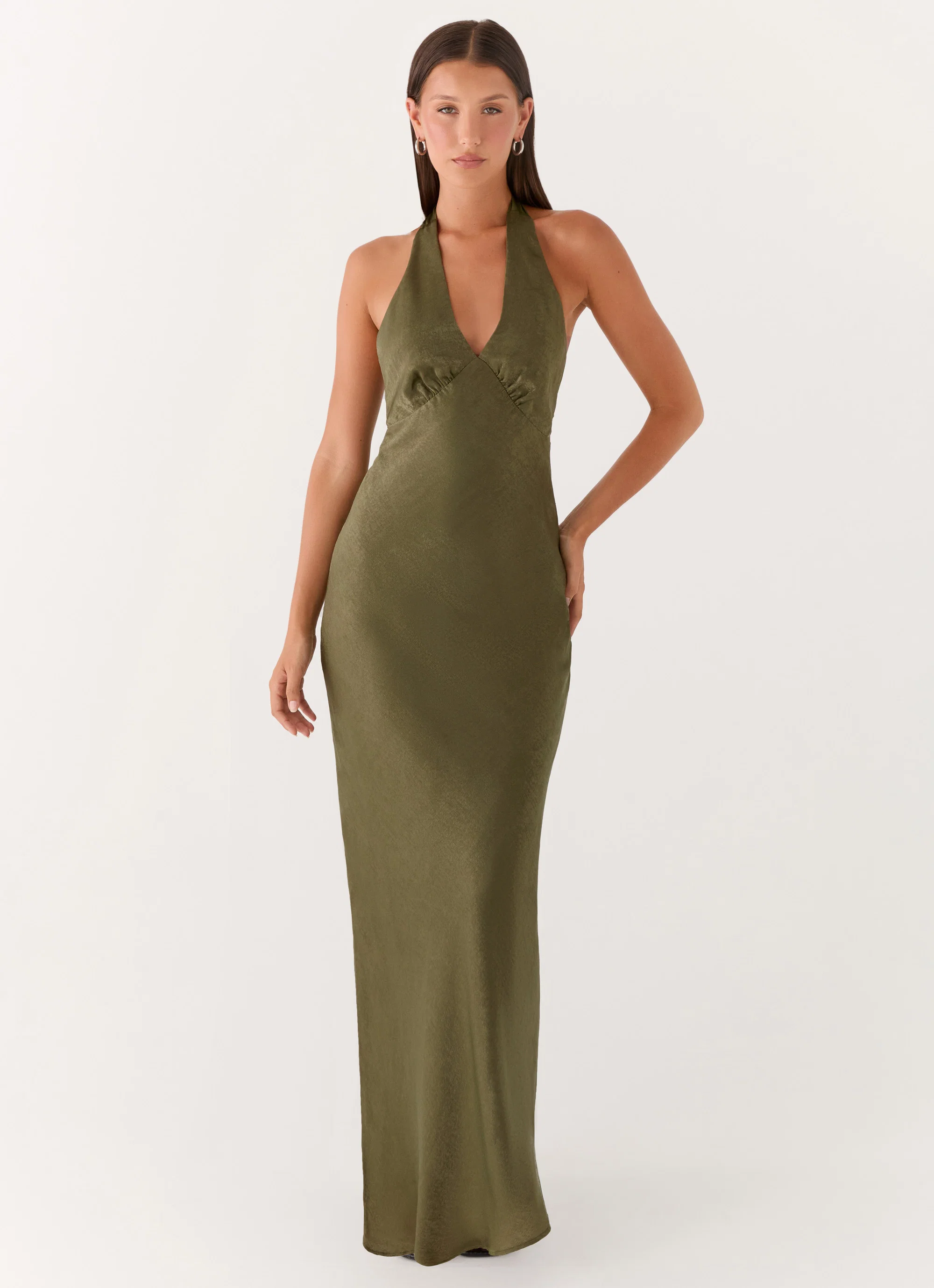 Heavy Hearted Satin Maxi Dress - Khaki