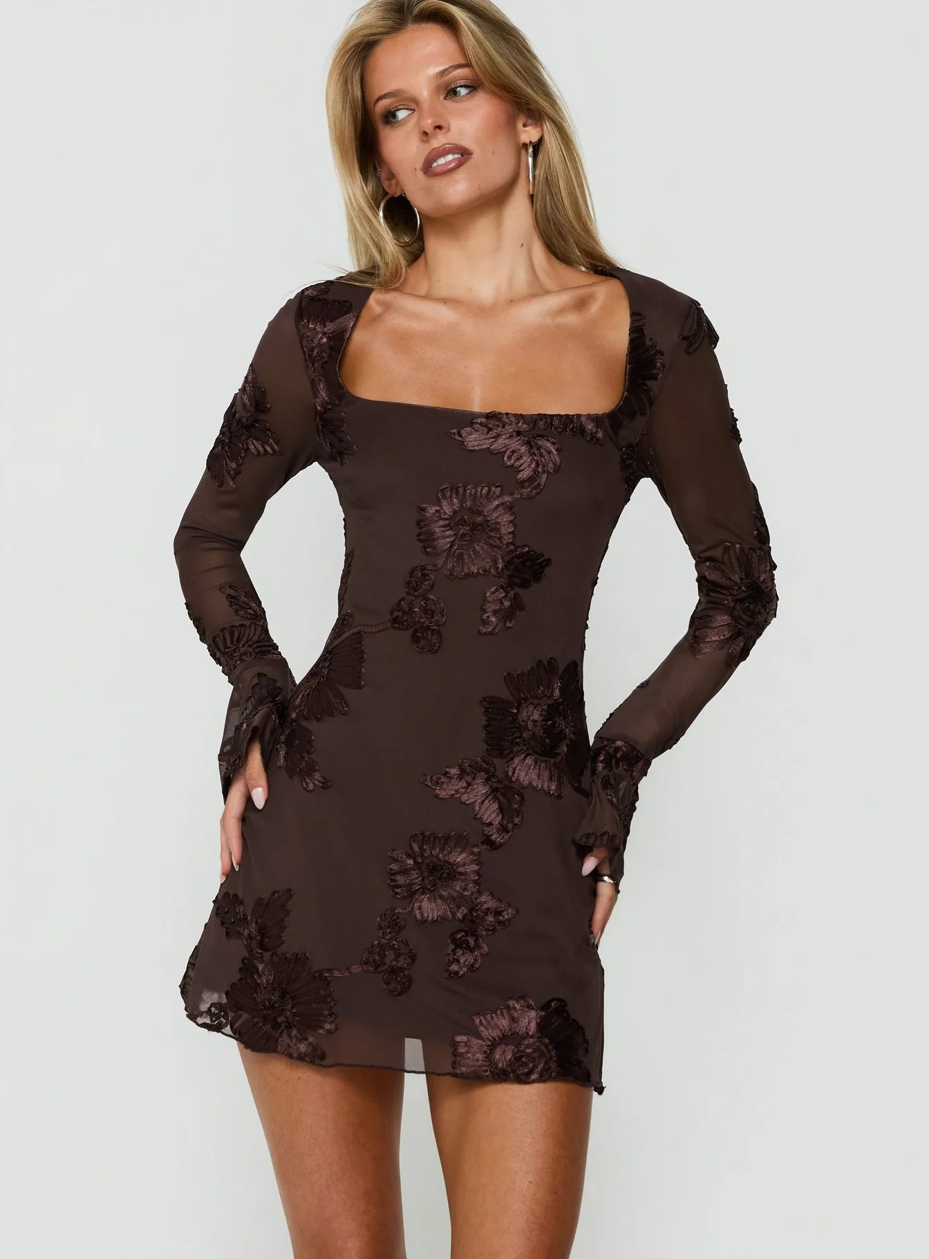 Better Love Long Sleeve Mini Dress Chocolate Floral