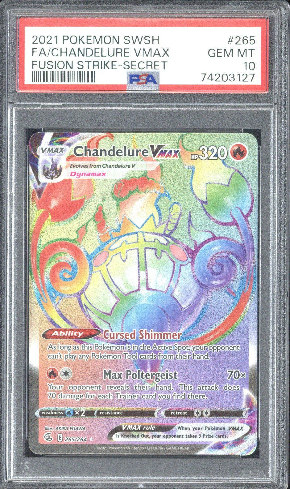 2021 Pokemon SWSH FA Chandelure VMAX Fusion Strike-Secret #265 PSA 10