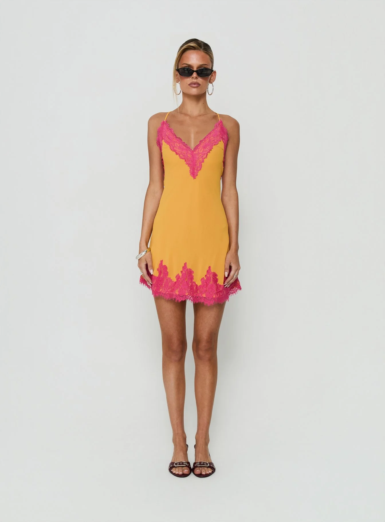 Call My Lover Lace Slip Mini Dress Gold / Fuchsia