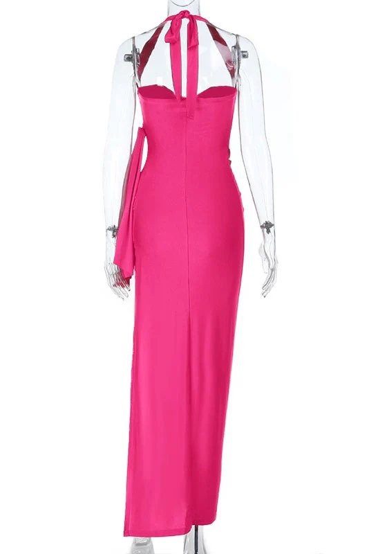 Halter Hot Pink Ruched Fitted Long Dress