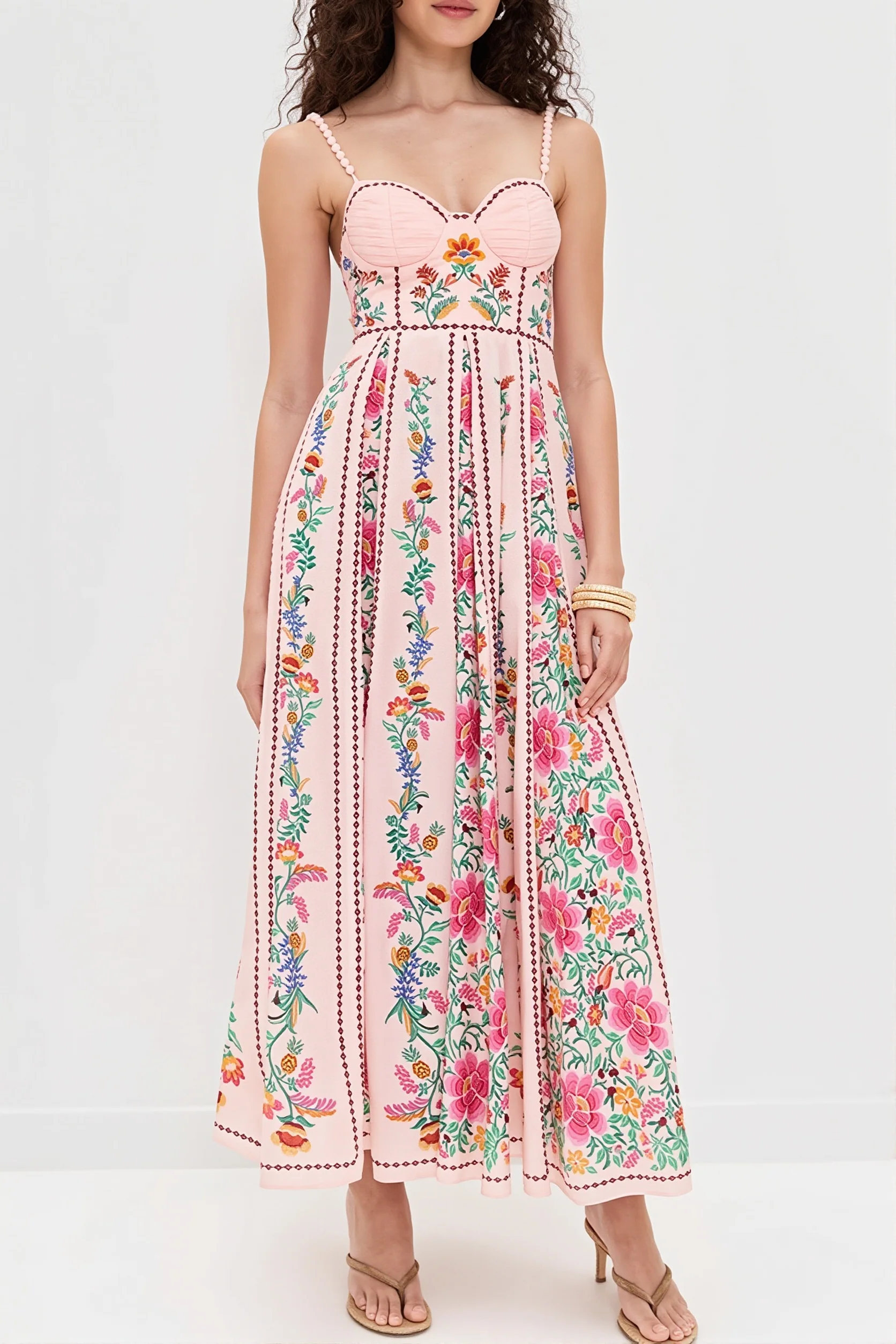Linen Floral Spaghetti Long Boho Dress