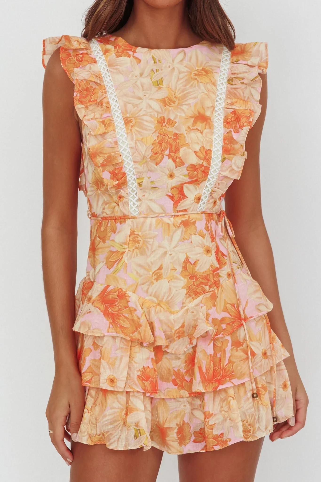 Weekend Muse Sleeveless Layered Frill Romper Flowers Yellow