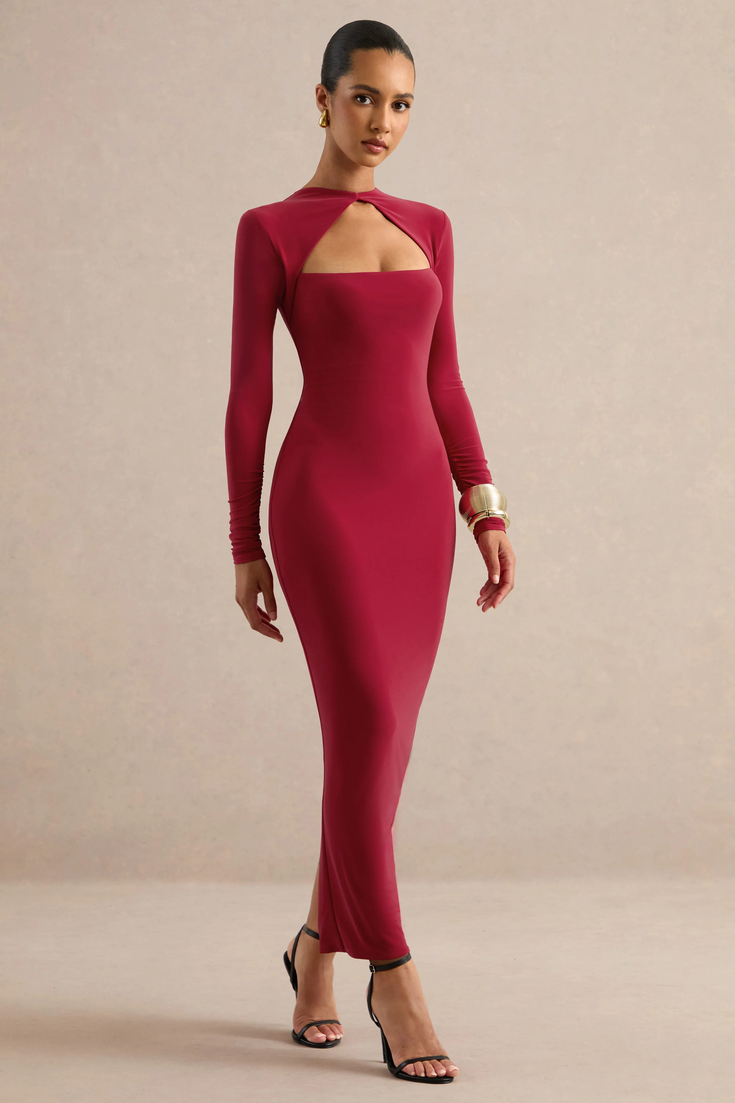 Felicienne | Red Jersey Round Neck Long Sleeve Midi Dress With Chest Cut Out And Back Split