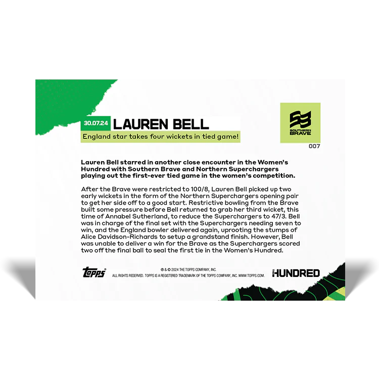 Lauren Bell - England star takes four wickets in tied game! - 2024 The Hundred TOPPS NOW® Card 7 - PR:19