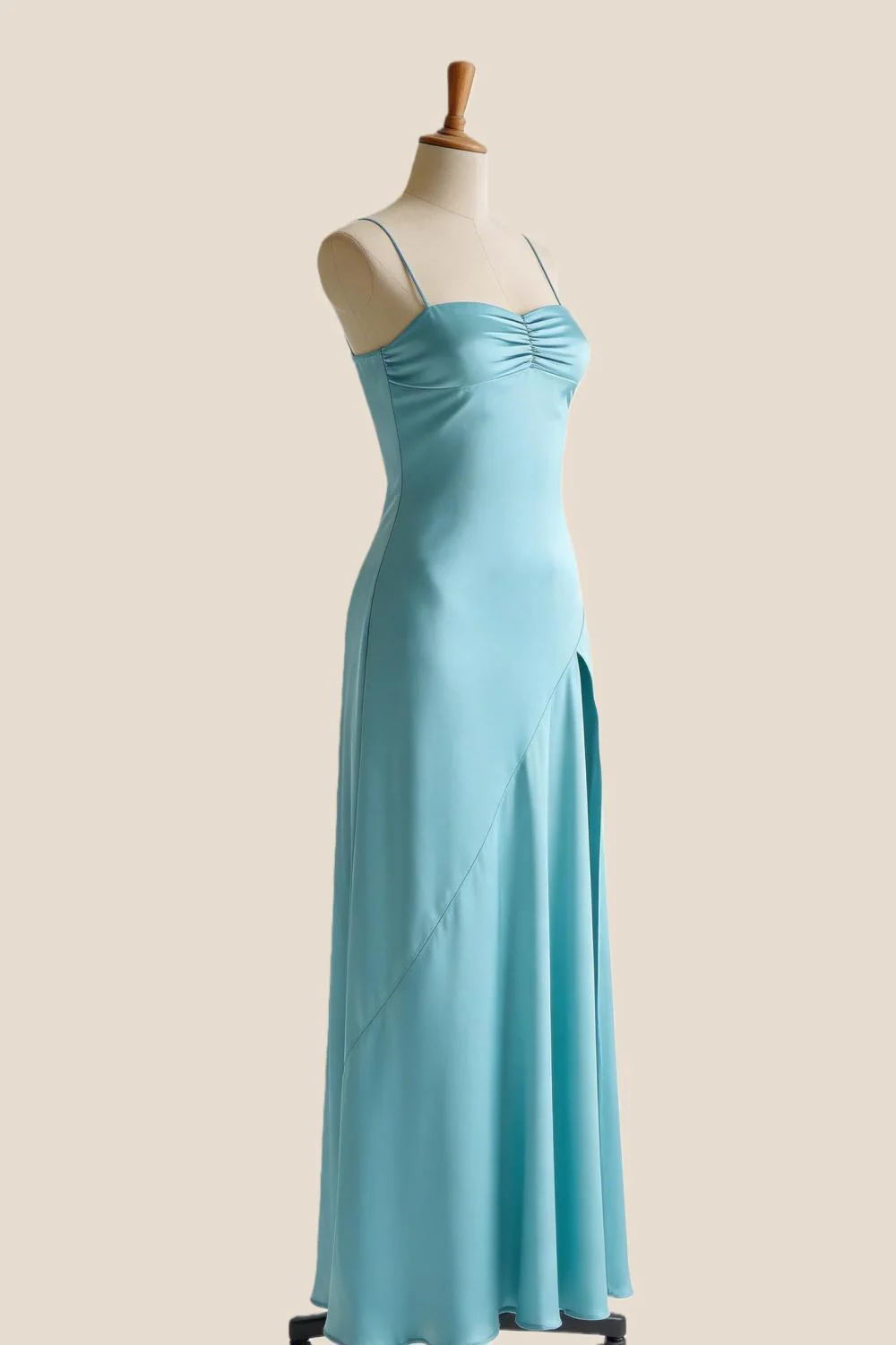 Aqua Satin Straps Slit Long Dress