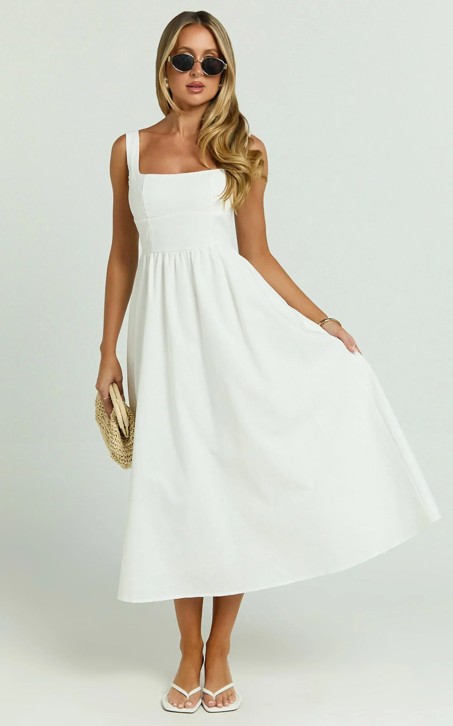 Khari Midi Dress - Linen Look Square A Line Dress in White