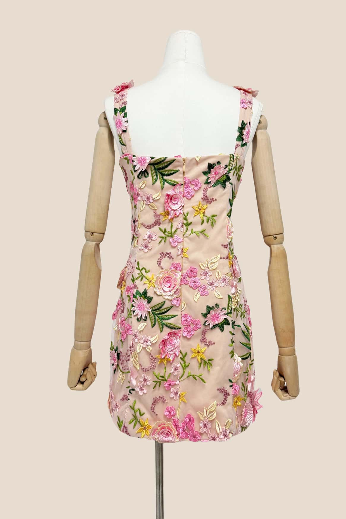 Square Neck Pink 3D Floral A-line Short Dress