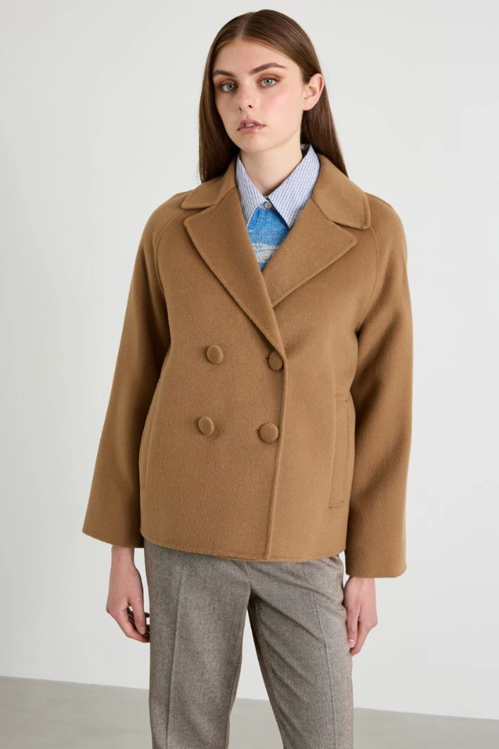 Pea coat with fabric-covered buttons - CAMEL