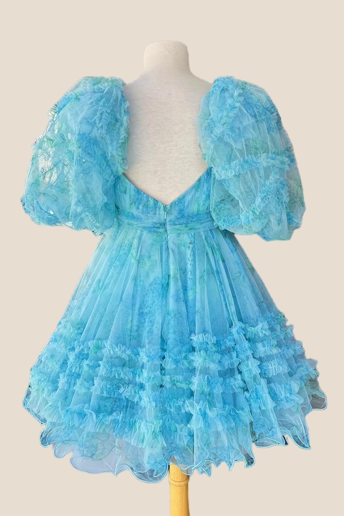 Short Puff Sleeves Blue Floral Babydoll Dress