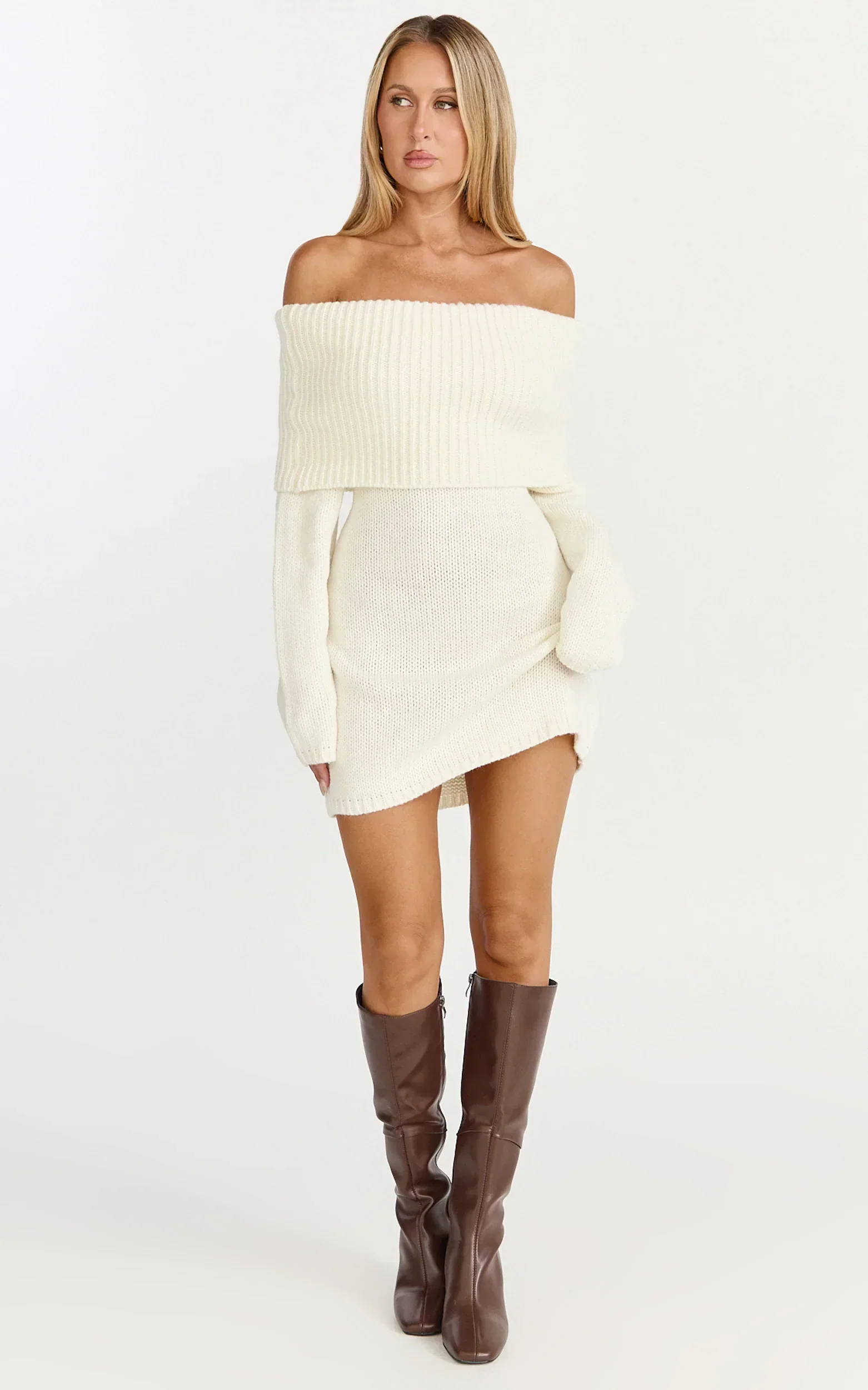 Erin Mini Dress - Cable Knit Off Shoulder Long Sleeve Dress in Cream