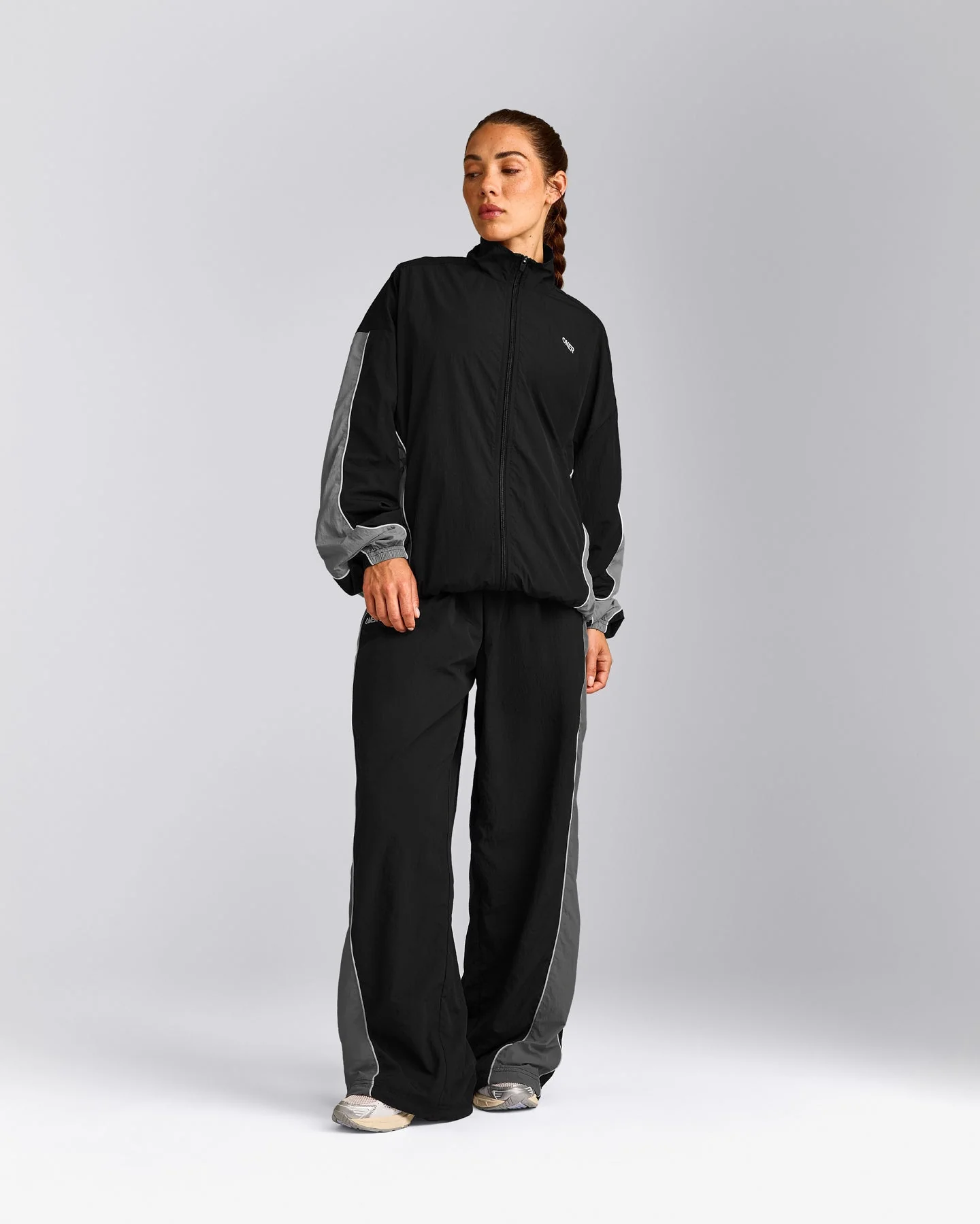 Oversized Contrast Piped Woven Straight Leg Track Bottoms | Black