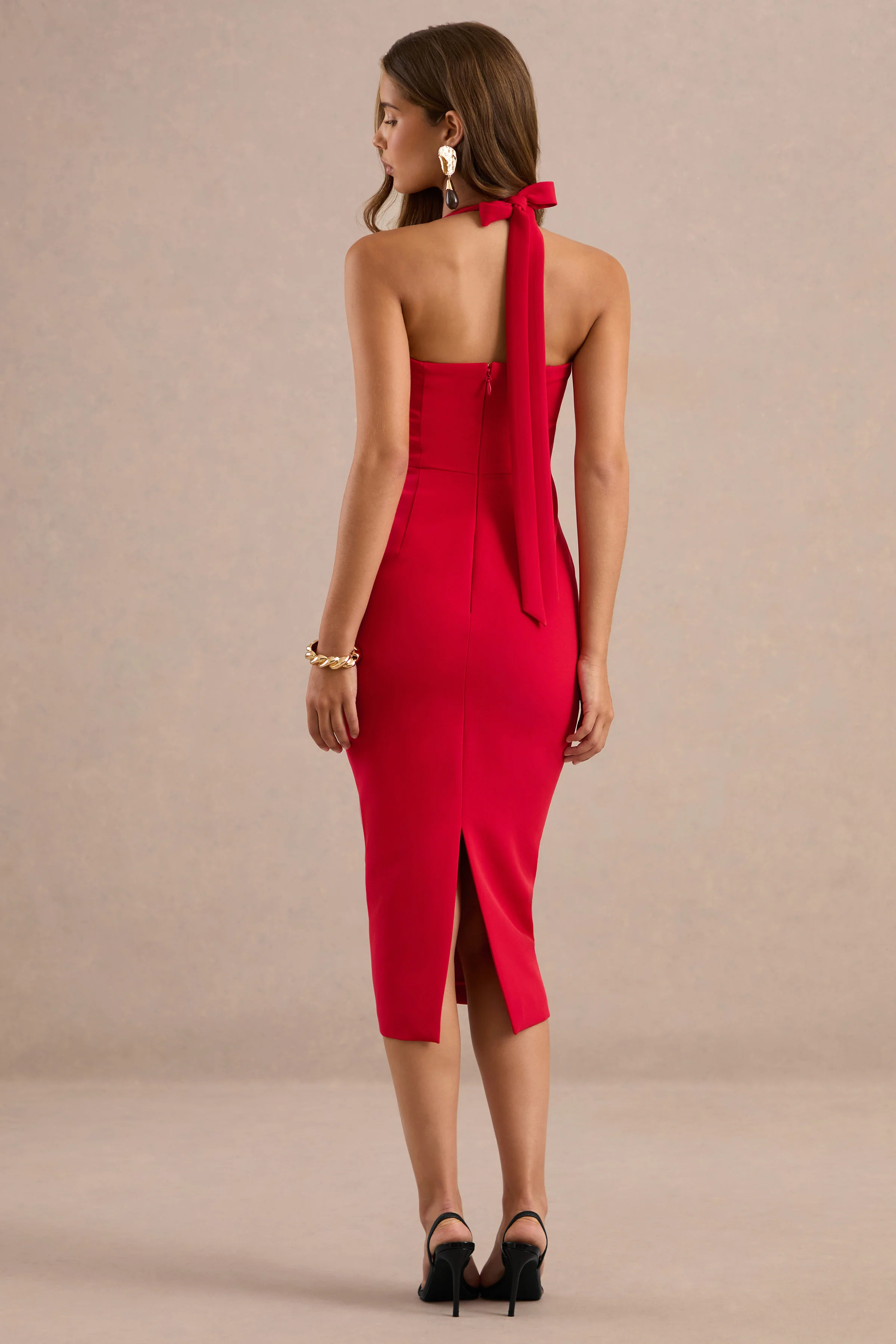 Ailith | Red Sweetheart Neck Midi Dress With Tie Back And Back Split
