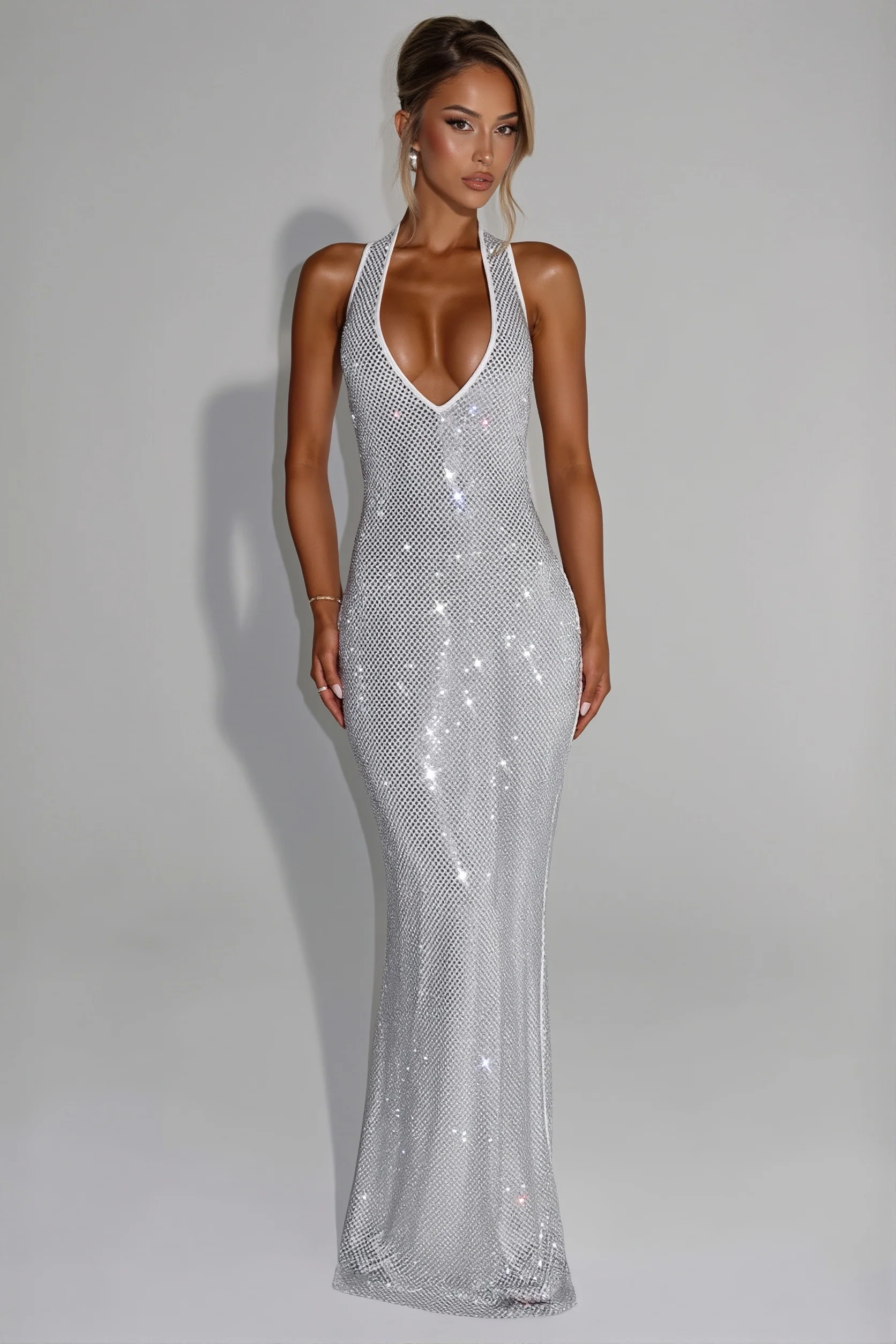 Sequin Deep V-Neck Bodycon Maxi Dress