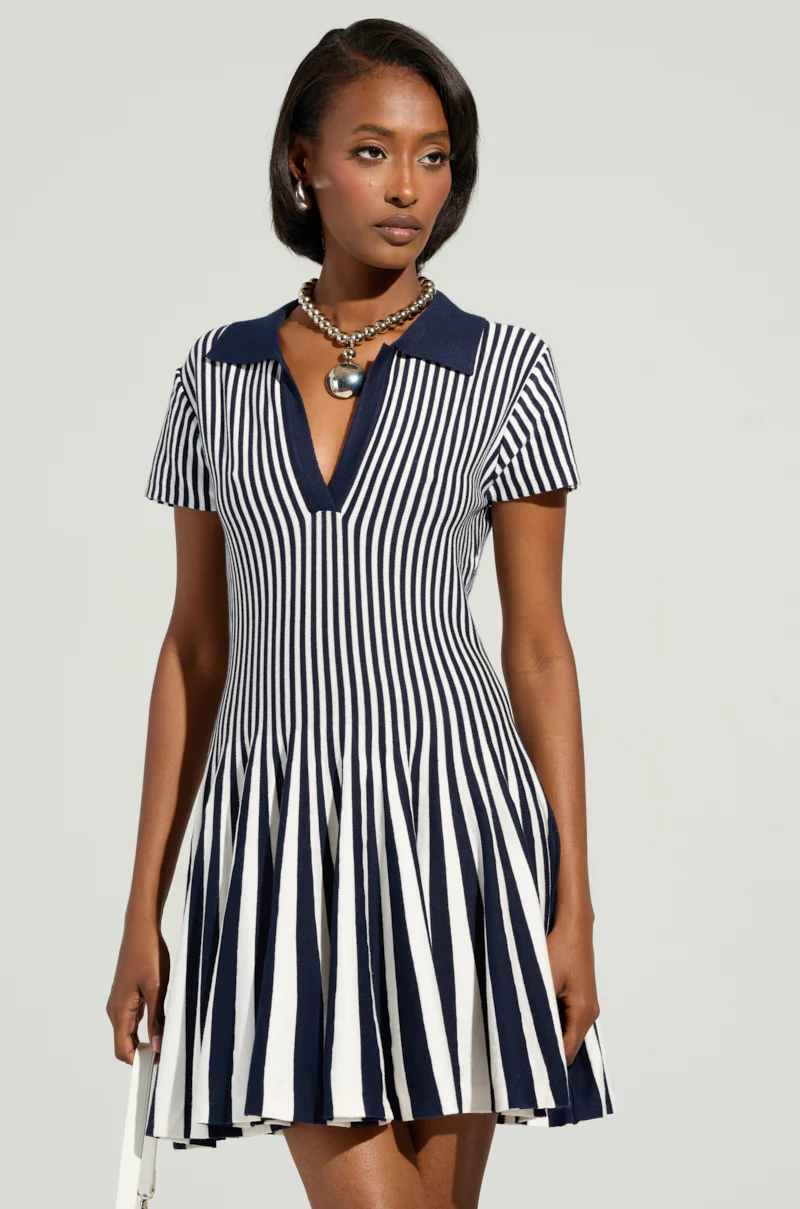 Alina Pleated Knit Fit And Flare Mini Dress In Navy
