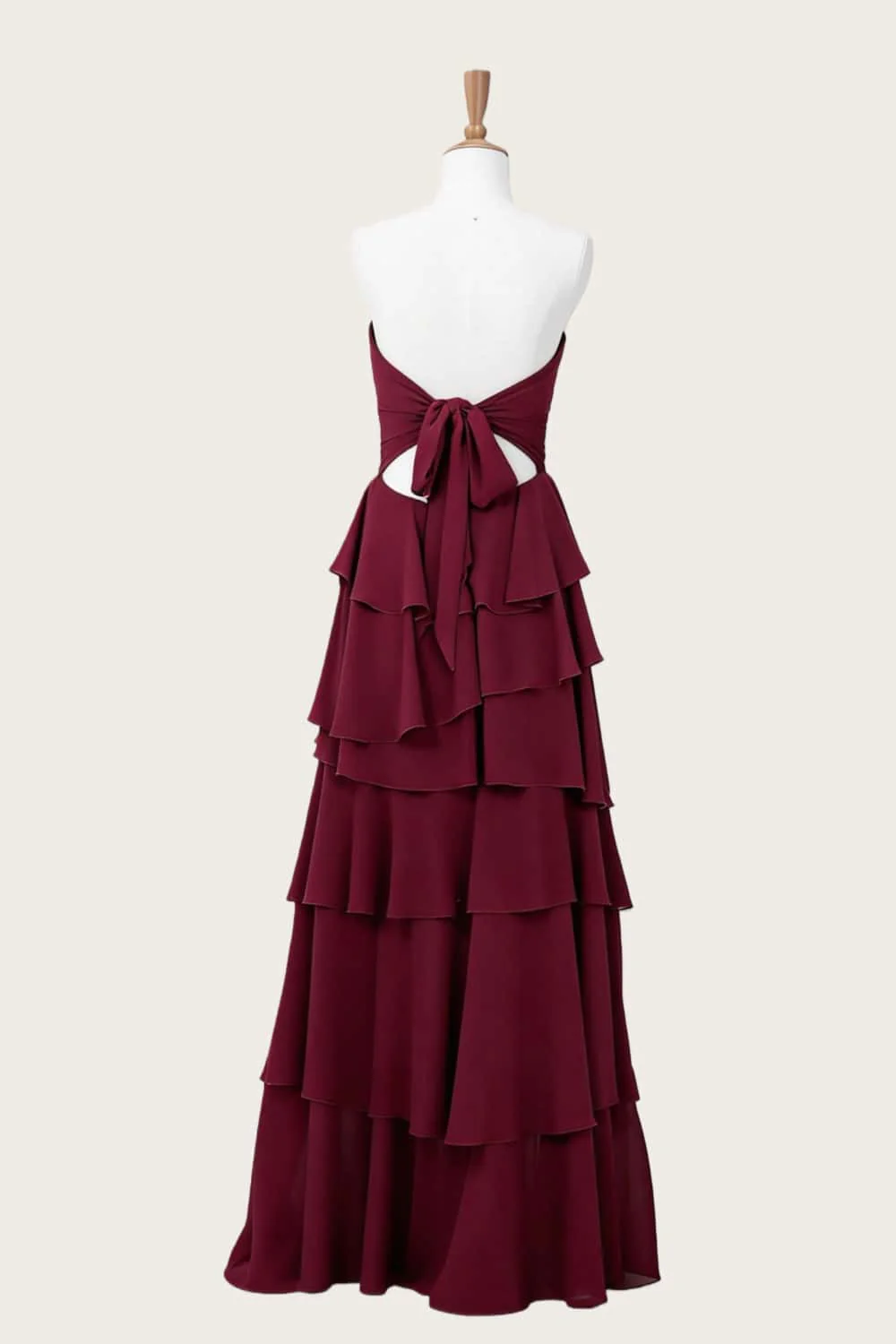 Strapless Burgundy Chiffon Ruffle Maxi Dress