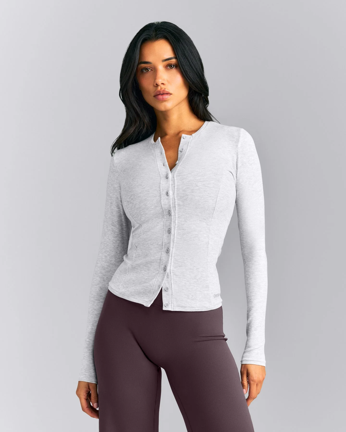 Mellow™ Rib Long Sleeve Cardigan with Embroidered Logo | Light Grey Marl