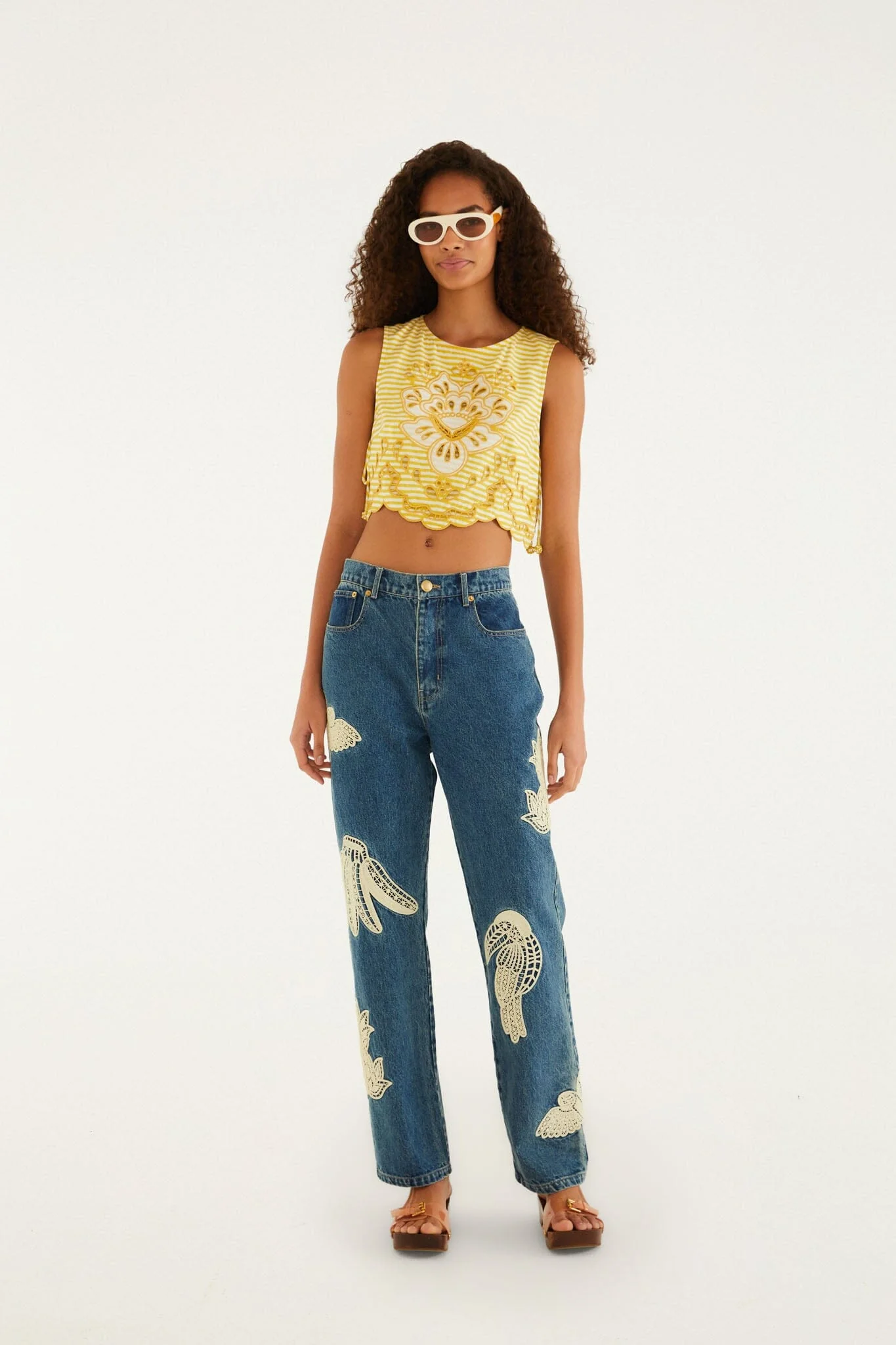 Denim Birds Embroidered Pants
