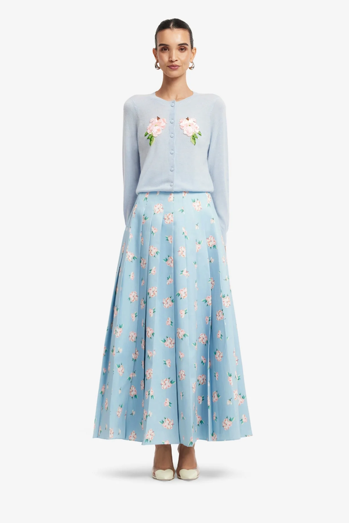 June Pleated Maxi Skirt - Ditsy Floral Print in Blue