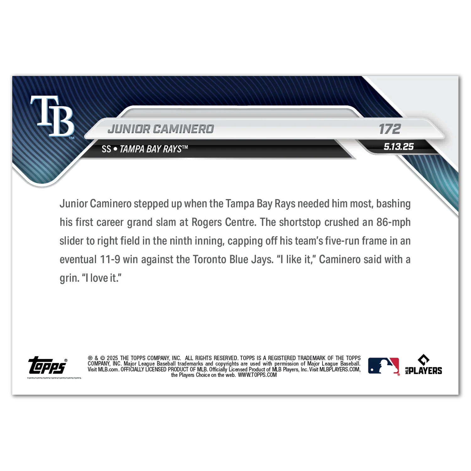 Junior Caminero - 2025 MLB Topps NOW® - Card 172
