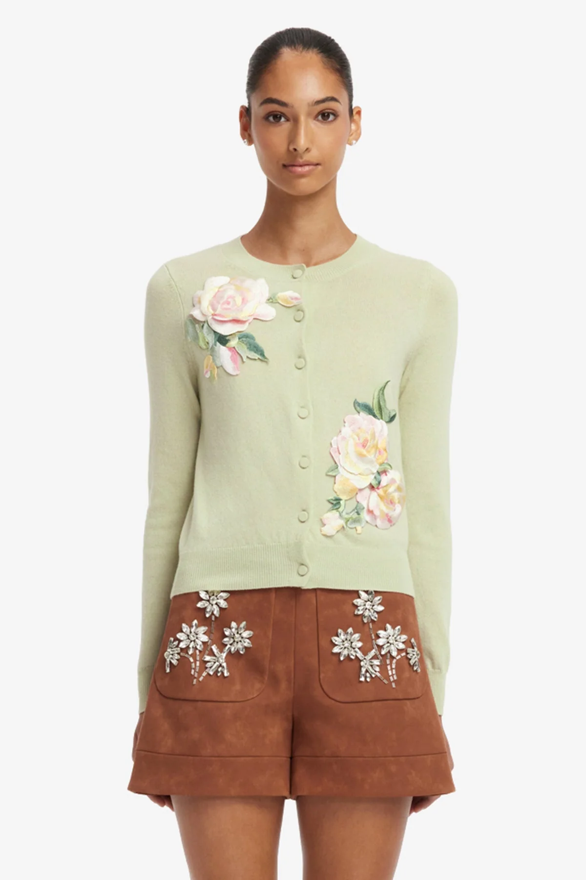 Claire Embroidered Cashmere Blend Cardigan - Pistachio Rose Print