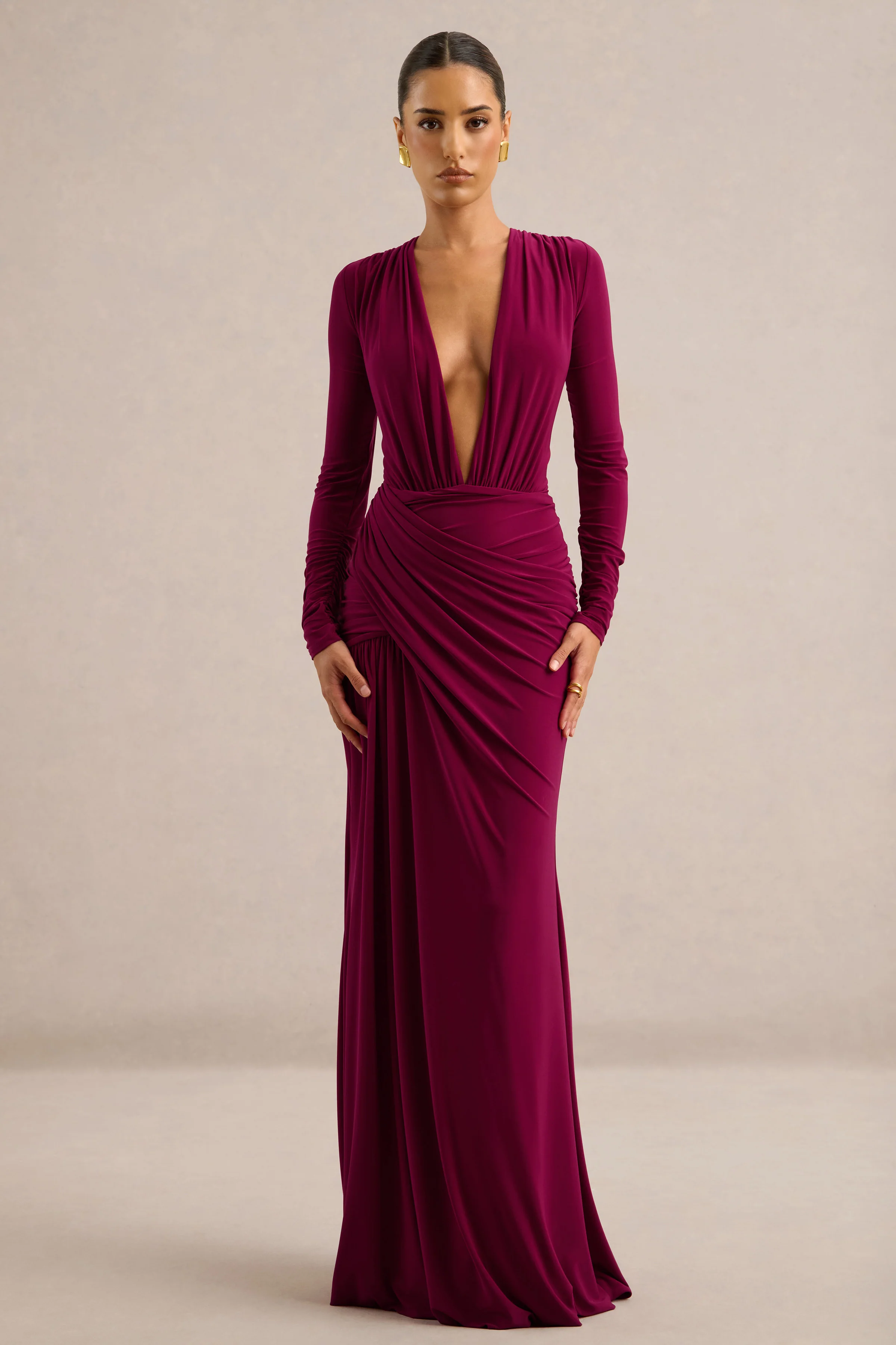Tahlina | Burgundy Jersey Ruched Plunge Long Sleeve Maxi Dress With Draped Detailing