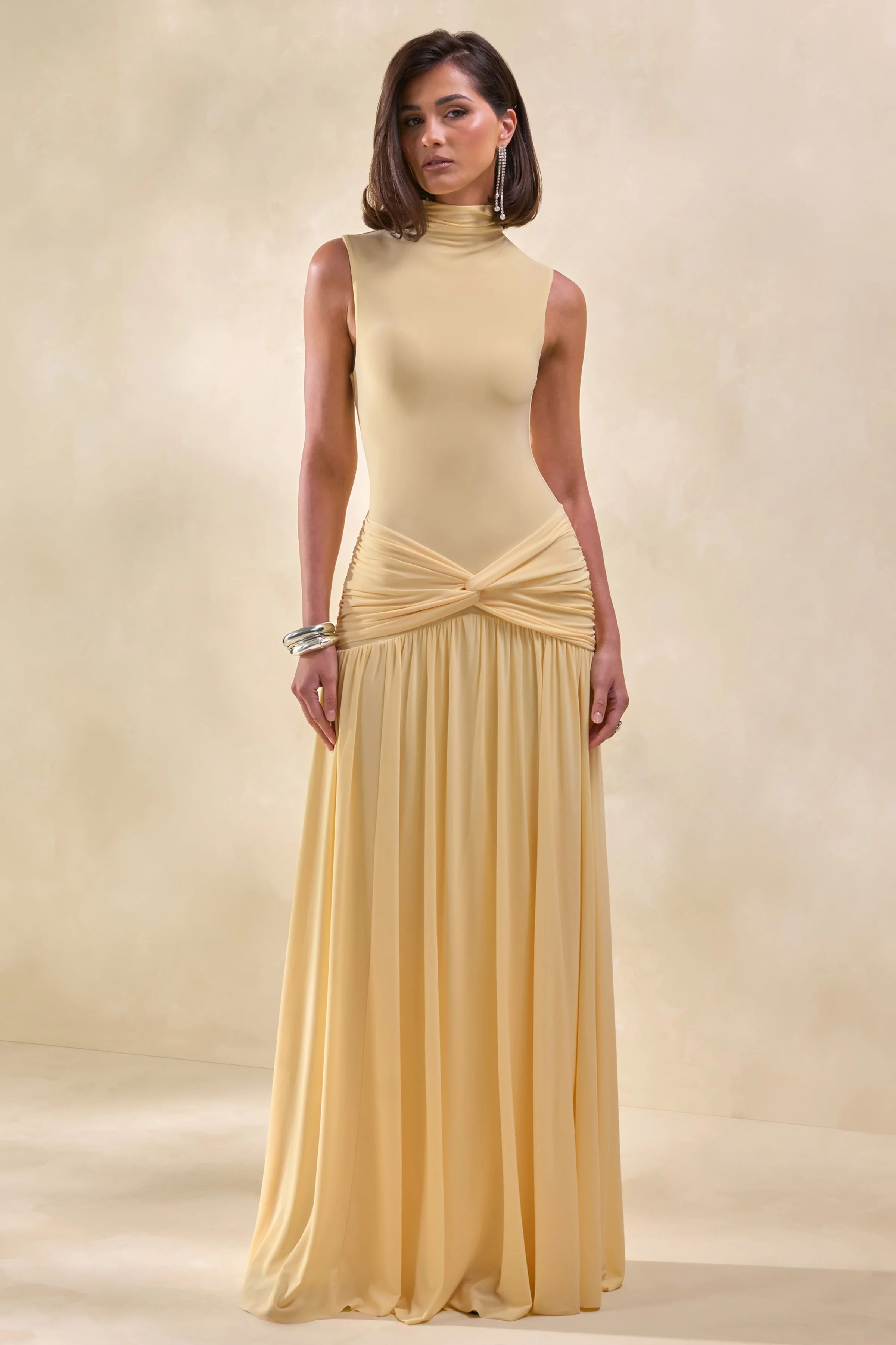 Glimora | Lemon High-Neck Maxi Dress With Ruched-Detailing