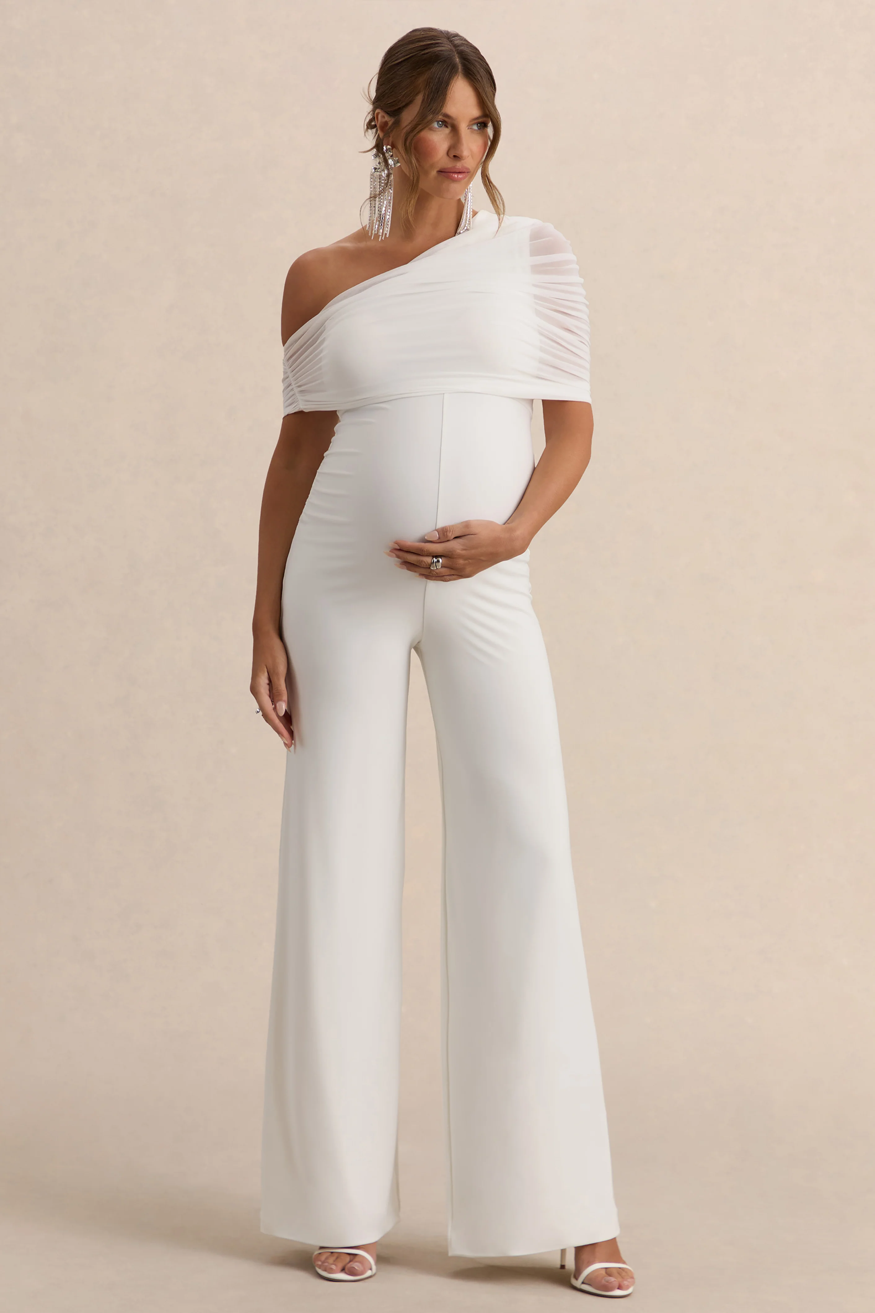 Mariska | White Asymmetric-Neck Maternity Jumpsuit