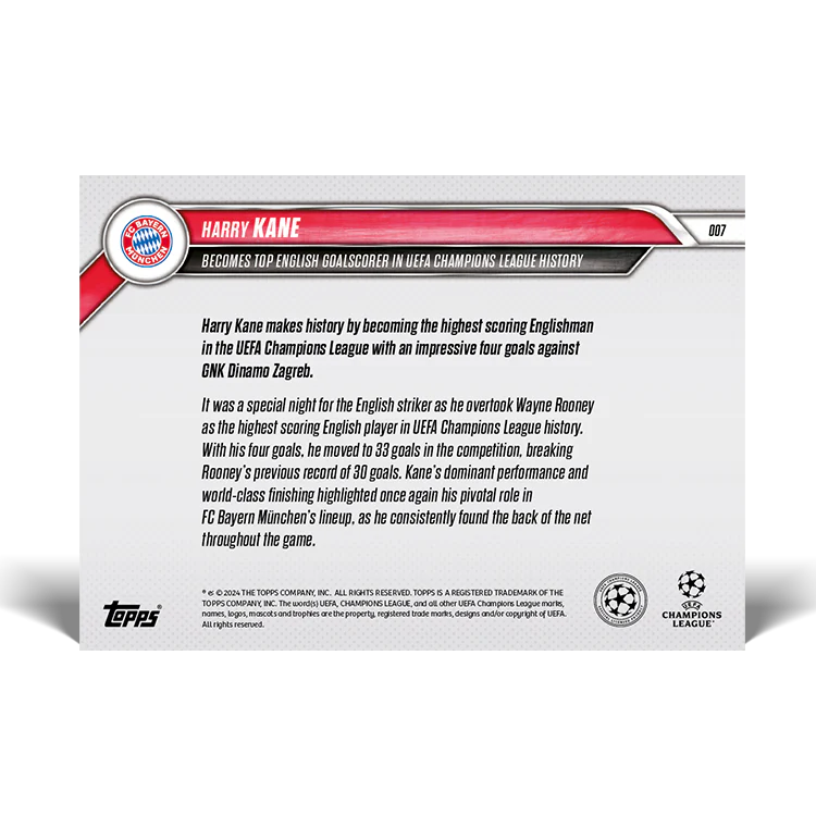 Harry Kane - Becomes top English goalscorer in UEFA Champions League history - 24/25 UCC TOPPS NOW® Card 7