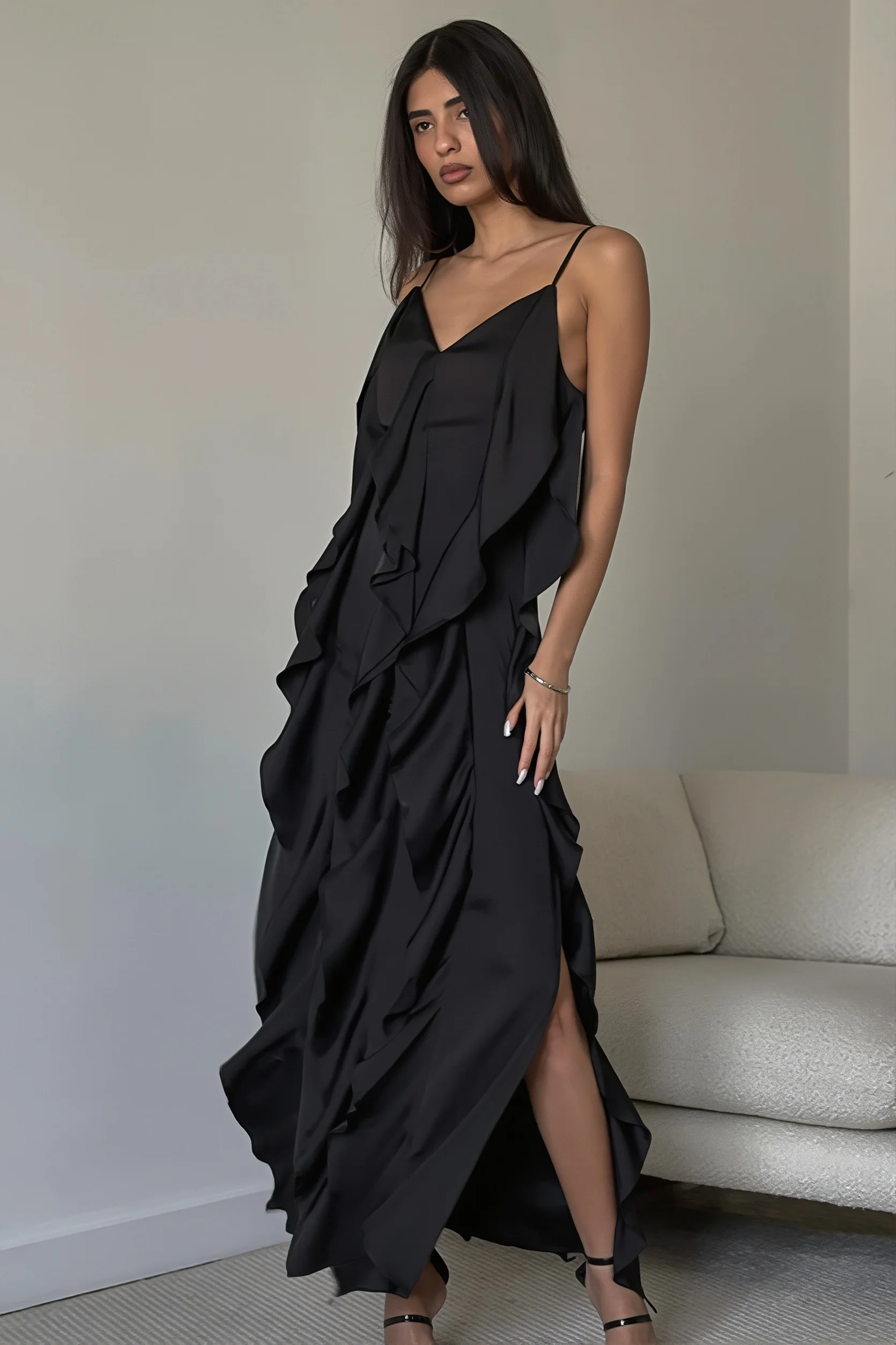 Chic Ruffle Trim V Neck Cami Slip Maxi Dress