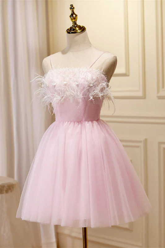 Straps Feather Pink Tulle Short Homecoming Dress