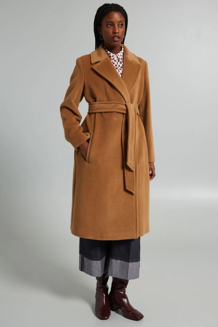 Wool beaver cloth coat with belt - CAMEL