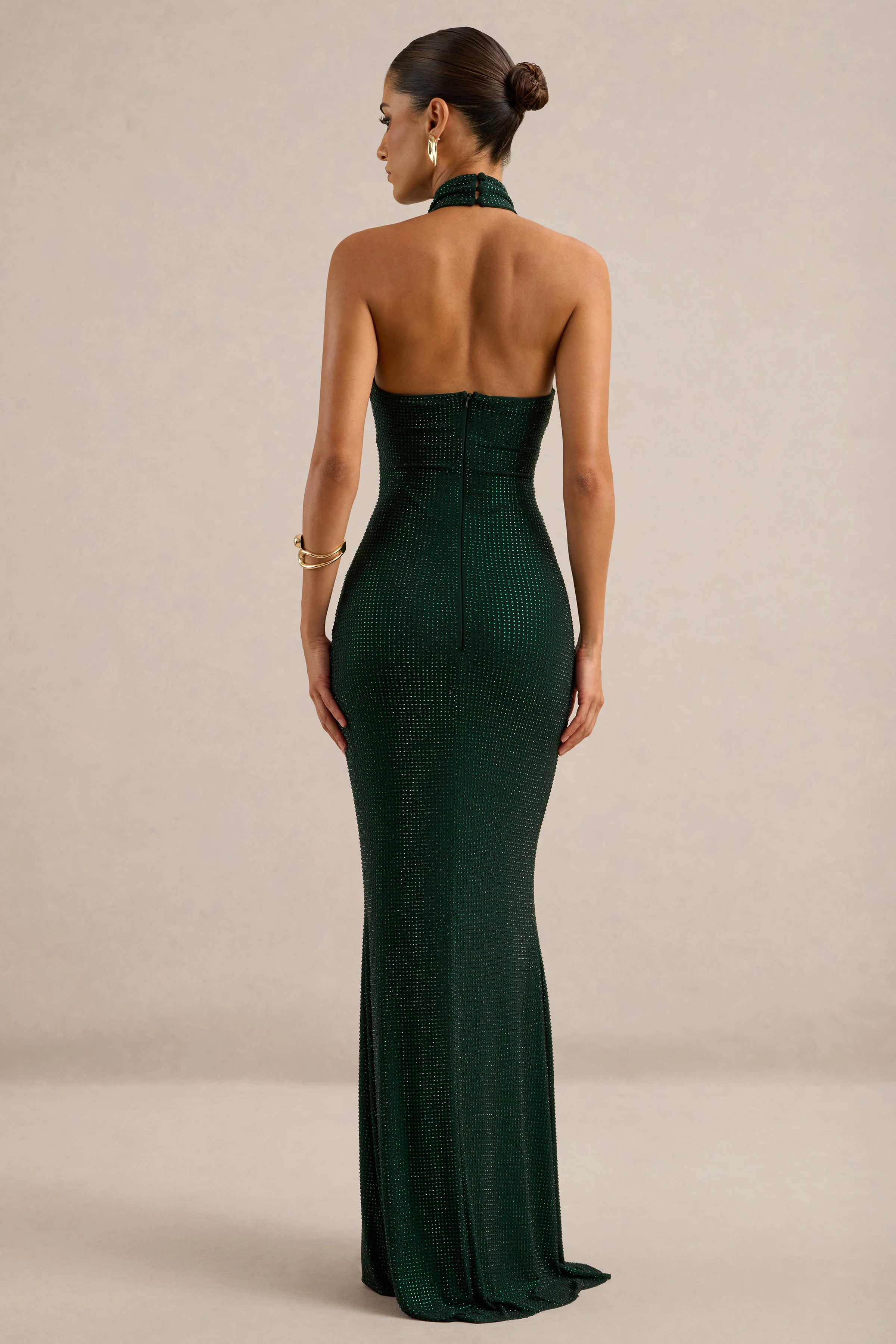 Ashantiya | Bottle Green Embellished High Neck Maxi Dress