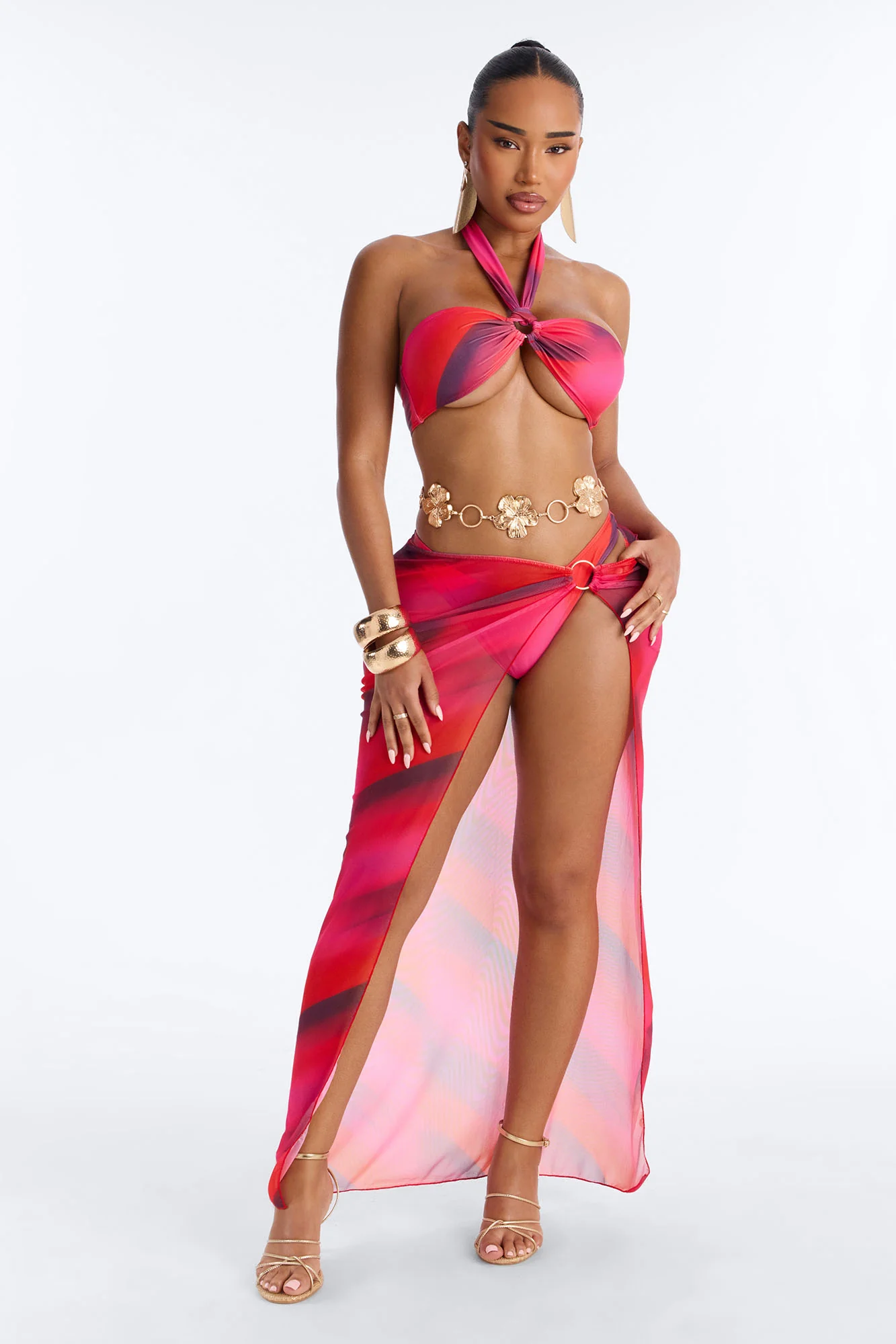Isla Amor Printed 4 Piece Bikini Skirt Set With Headband - Fuchsia/combo