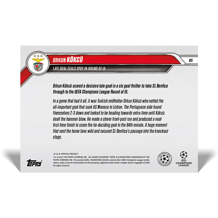 Orkun Kökçü - Late goal seals spot in Round of 16 - 24/25 UCL Topps NOW® Card 105