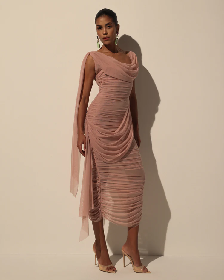 Midi Dress in Italian Mesh with Draping