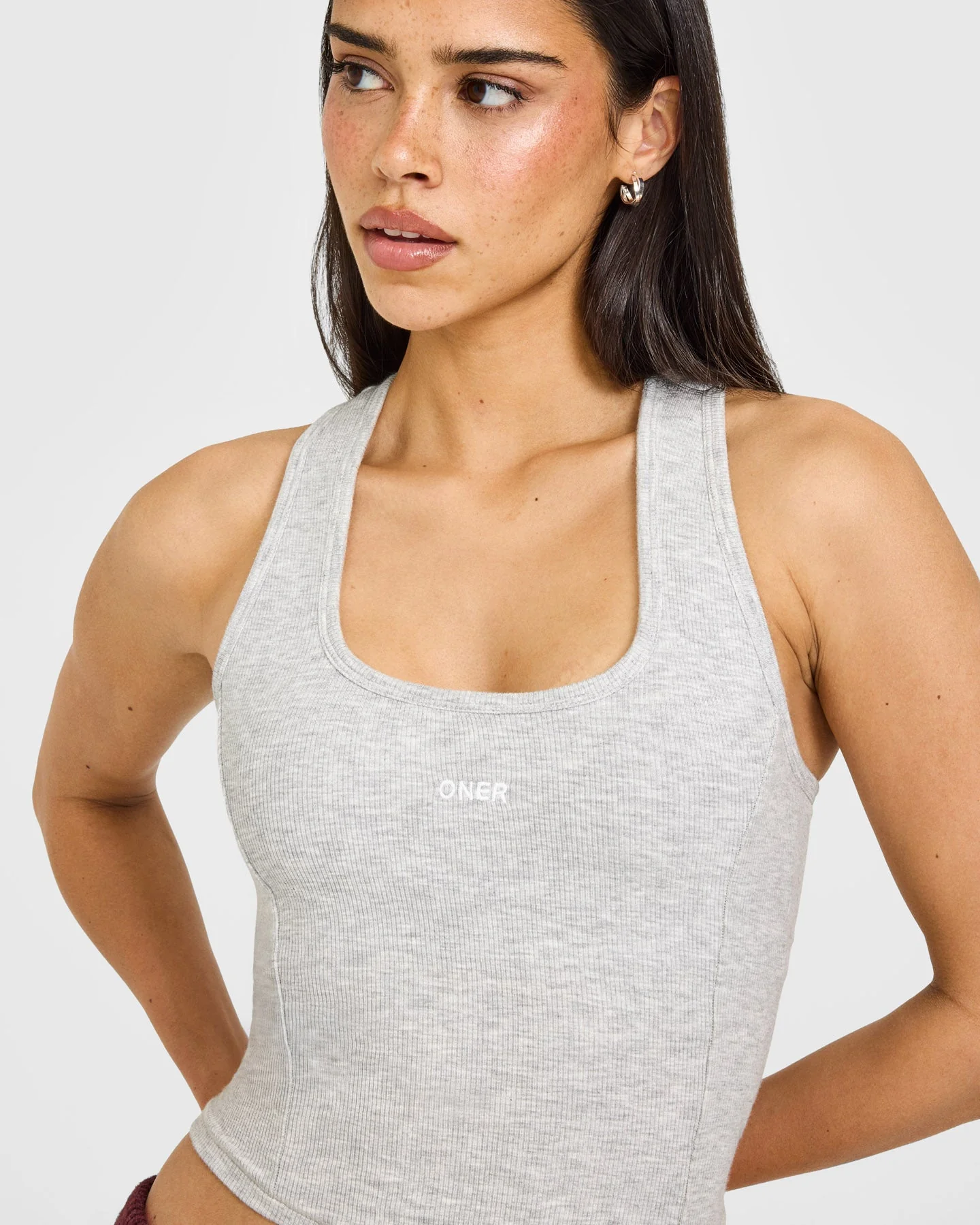 Mellow™ Rib Oner Embroidered Square Neck Mid Vest with Built in Bra Shelf | Light Grey Marl