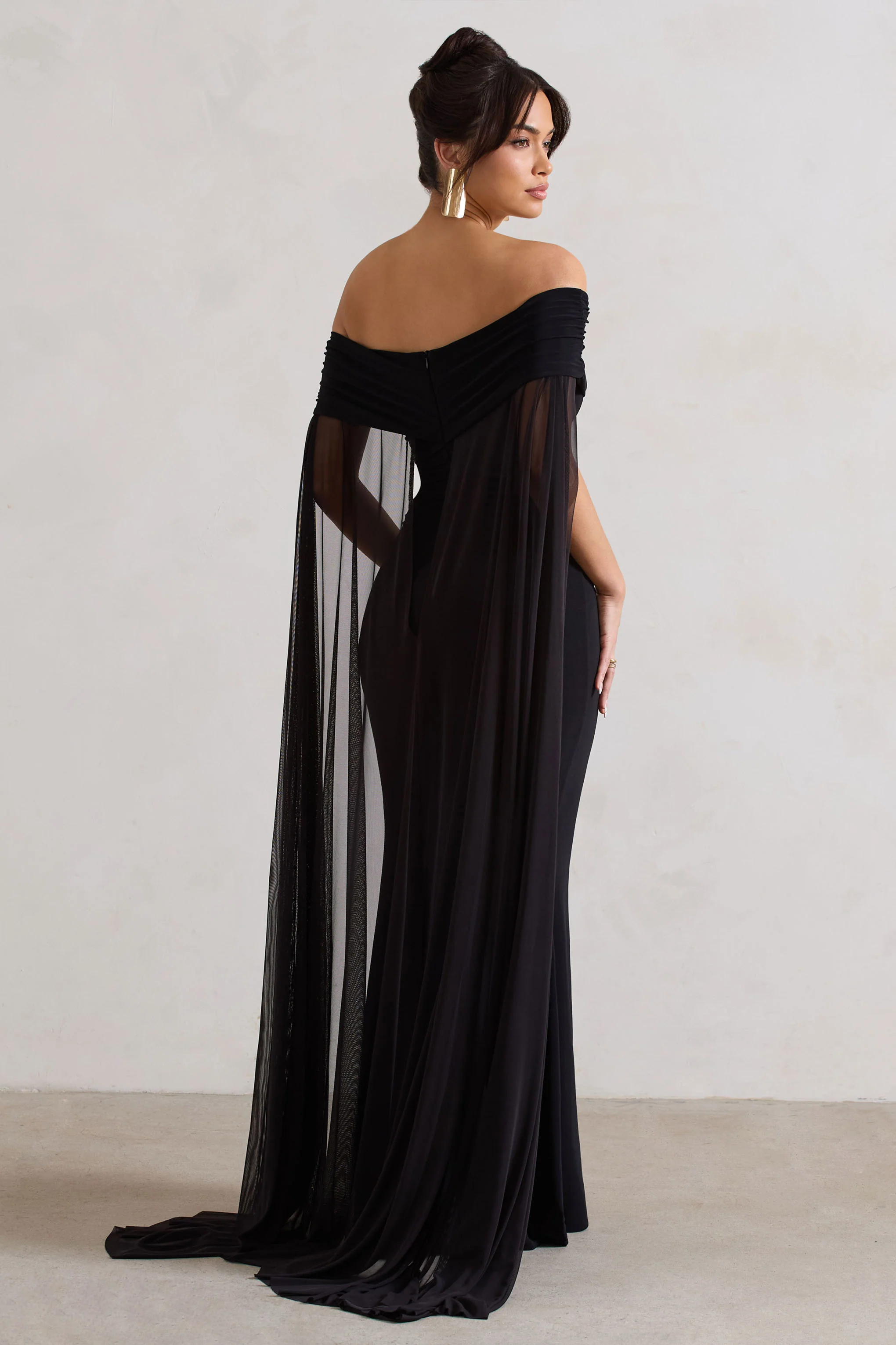 Carlotta | Black Bardot Maxi Dress With Chiffon Cape