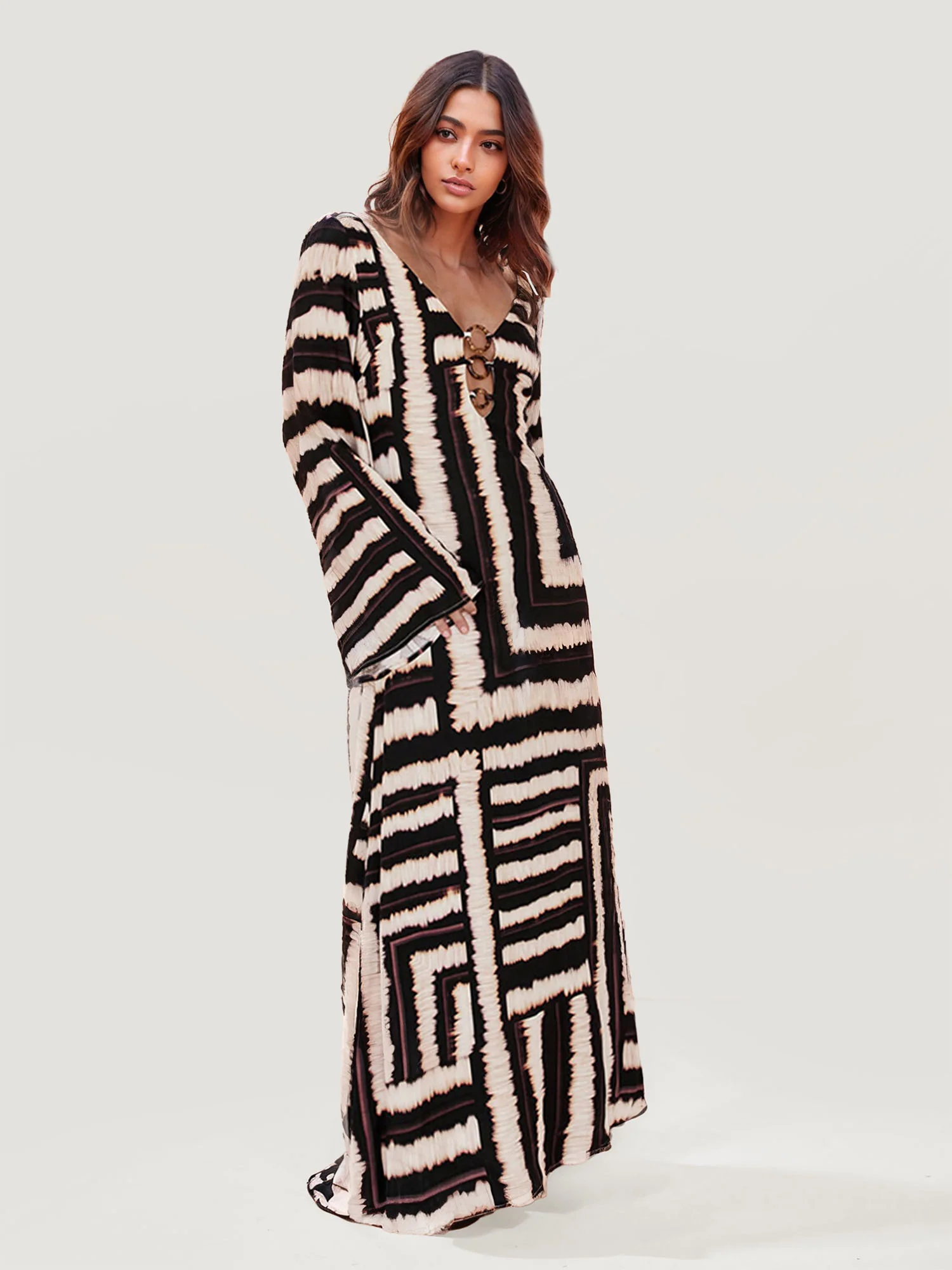 Bohemian Stripe Pattern V-Neck Maxi Dress