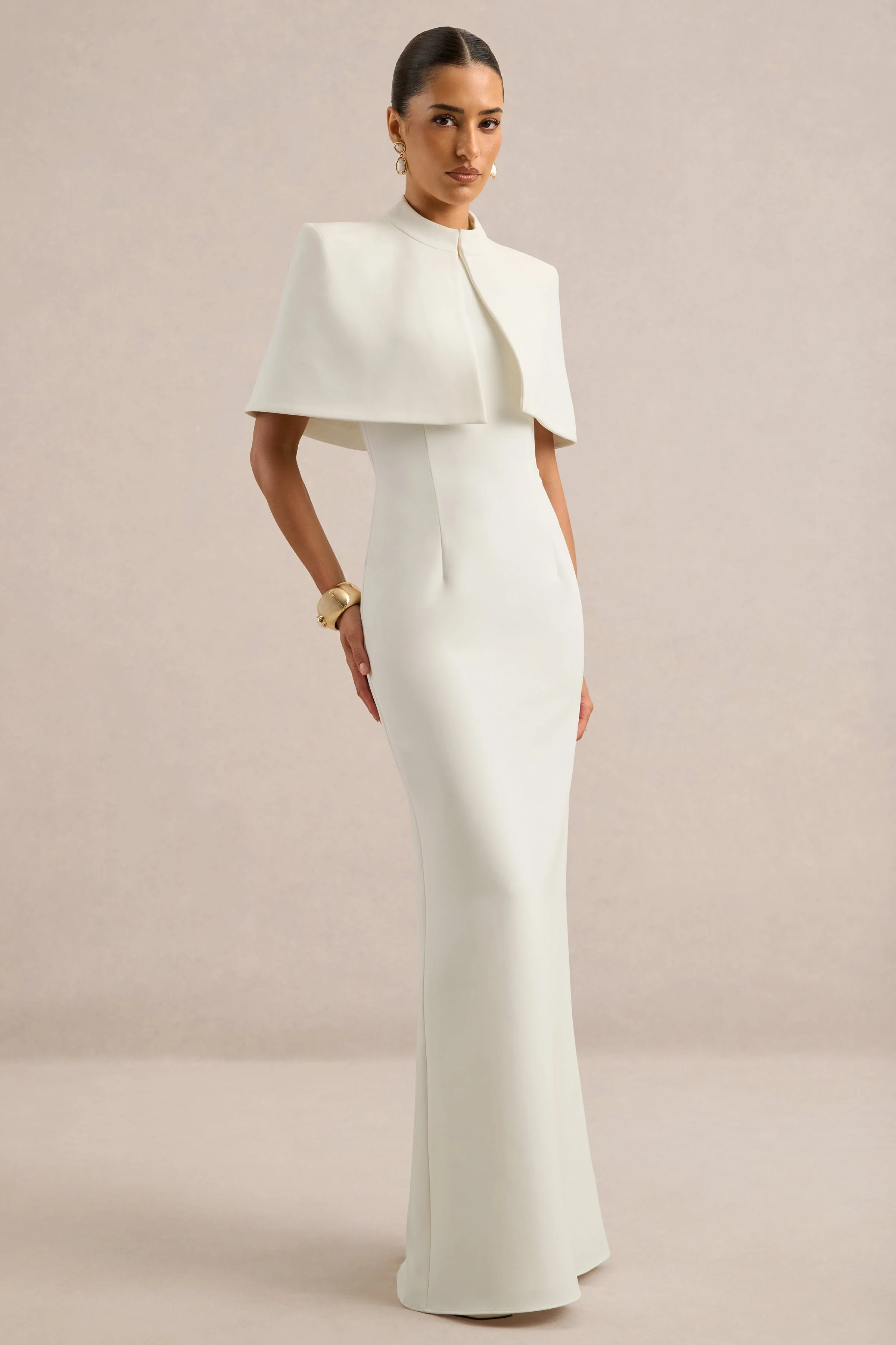 Astrelle | White Round Neck Maxi Dress With Tailoring And Back Split