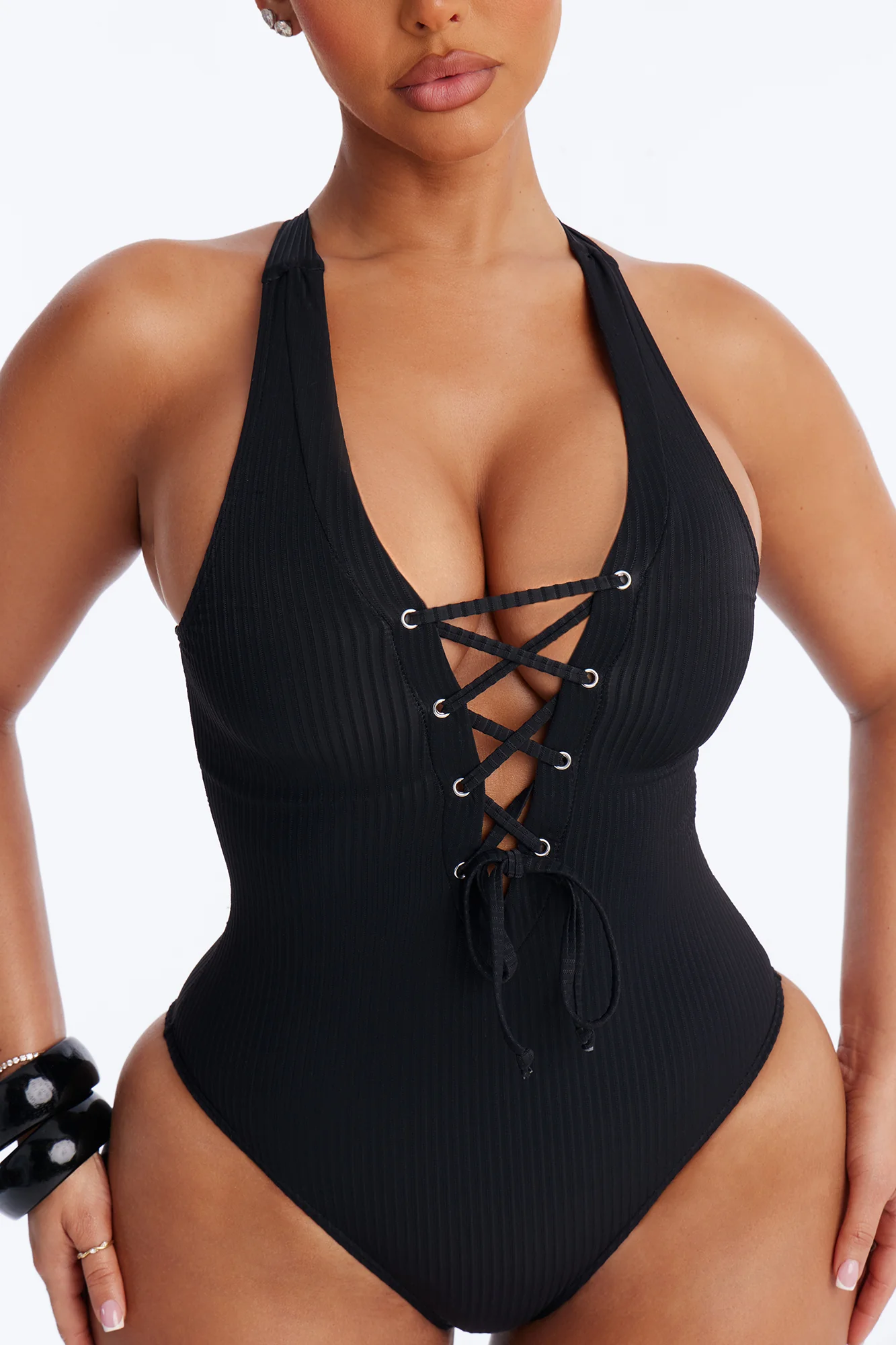 Clear Water Textured Lace Up V-Neck 1 Piece Swimsuit - Black