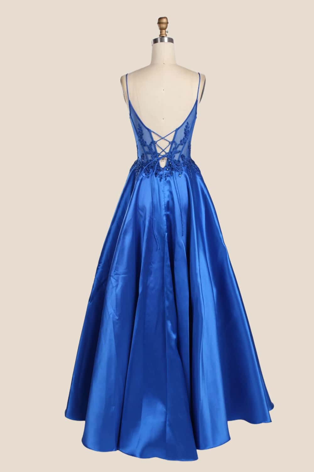 Royal Blue Straps Appliques Satin A-line Gown