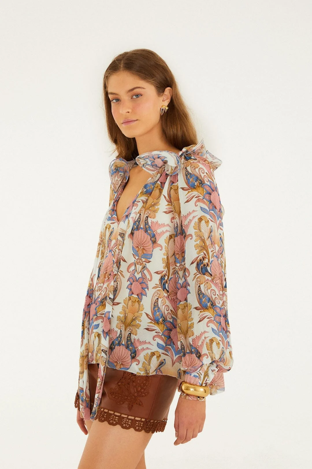 Off-White Sea Garden Ruffled Long Sleeve Blouse